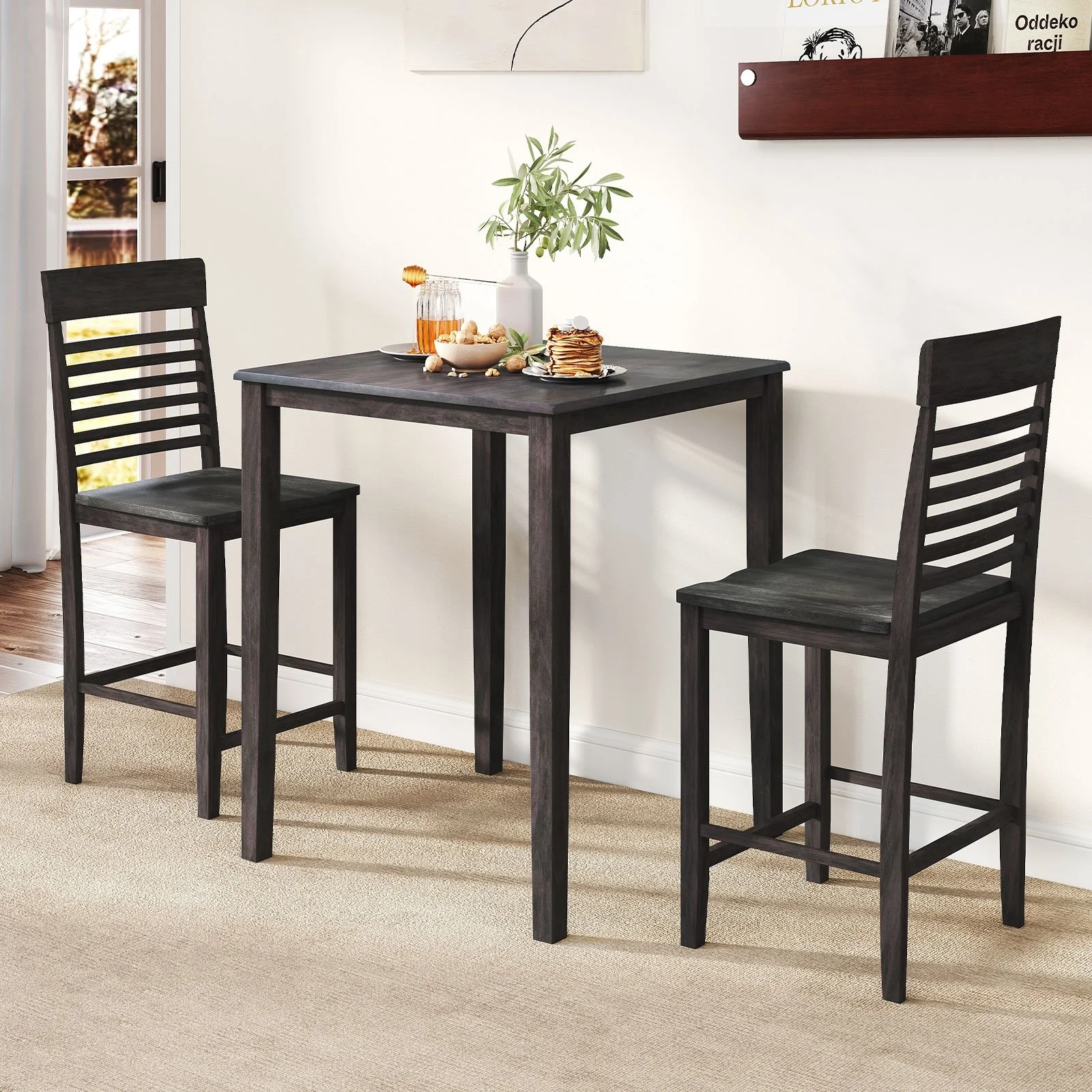 Counter-Height Dining Table Set, 3-Piece, Rubber Wood Frame, Gray - Image 3
