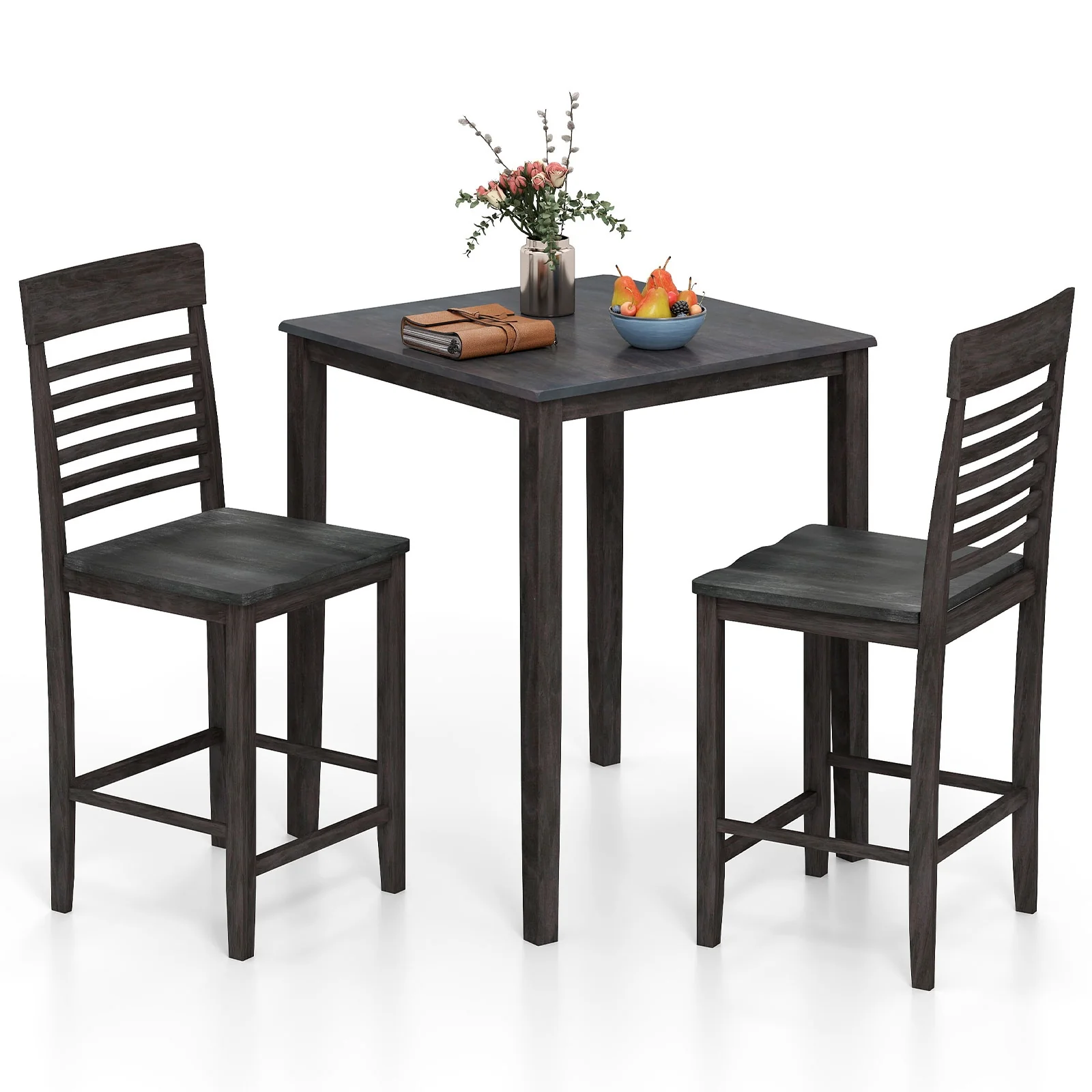 Counter-Height Dining Table Set, 3-Piece, Rubber Wood Frame, Gray - Image 4