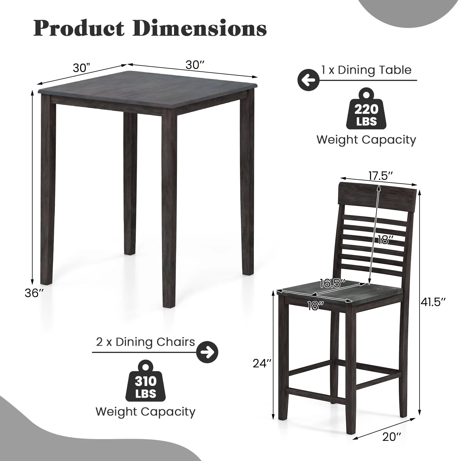 Counter-Height Dining Table Set, 3-Piece, Rubber Wood Frame, Gray - Image 5