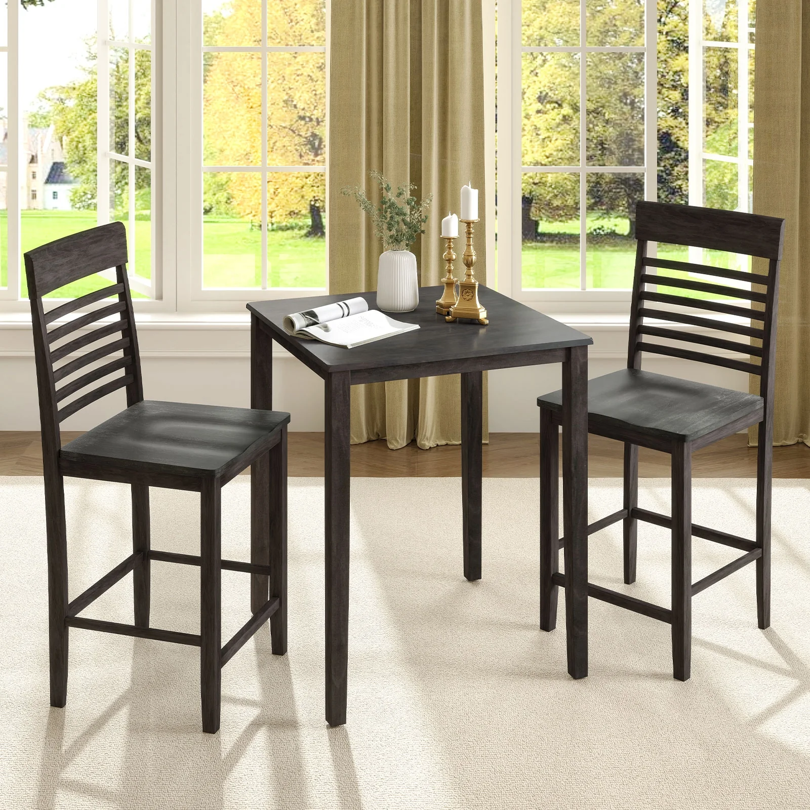 Counter-Height Dining Table Set, 3-Piece, Rubber Wood Frame, Gray - Image 6