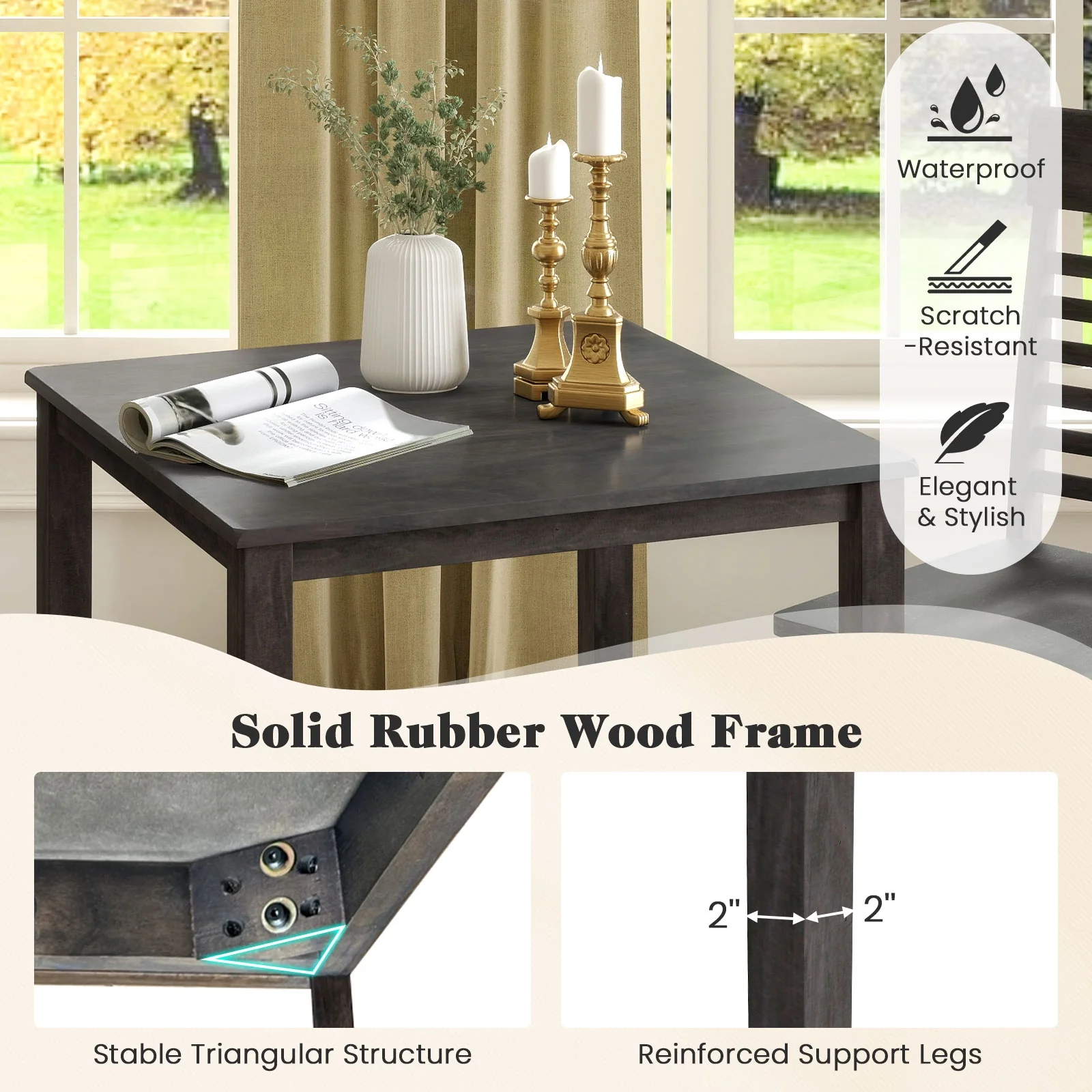 Counter-Height Dining Table Set, 3-Piece, Rubber Wood Frame, Gray - Image 7
