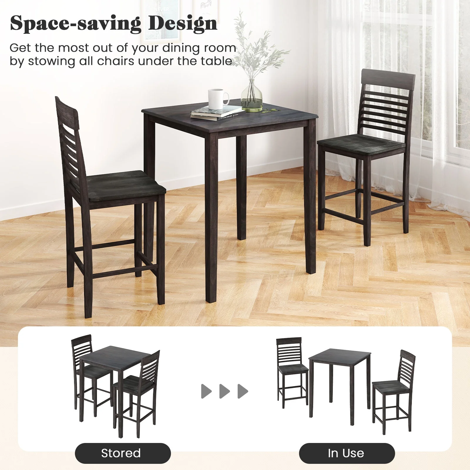 Counter-Height Dining Table Set, 3-Piece, Rubber Wood Frame, Gray - Image 8