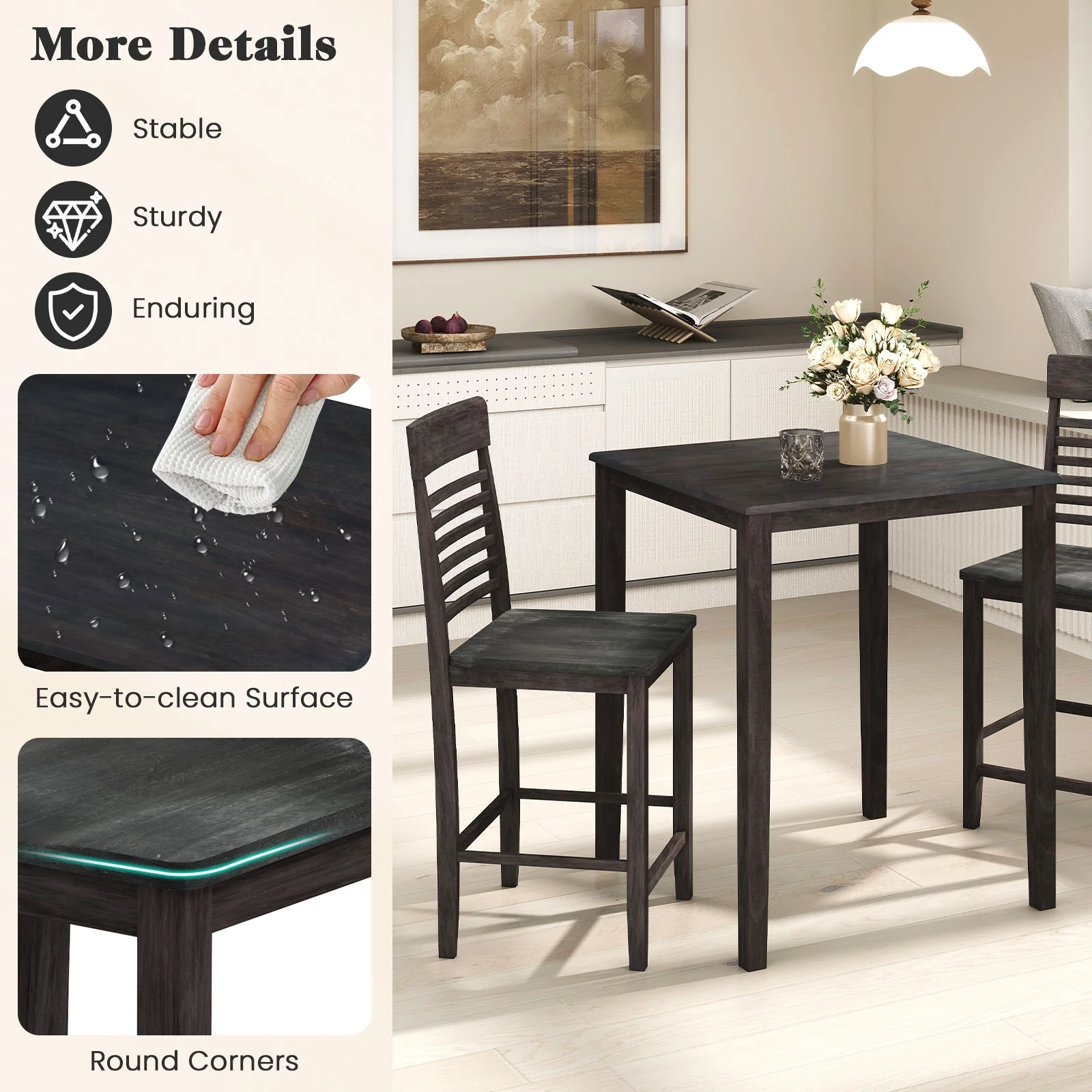 Counter-Height Dining Table Set, 3-Piece, Rubber Wood Frame, Gray - Image 9