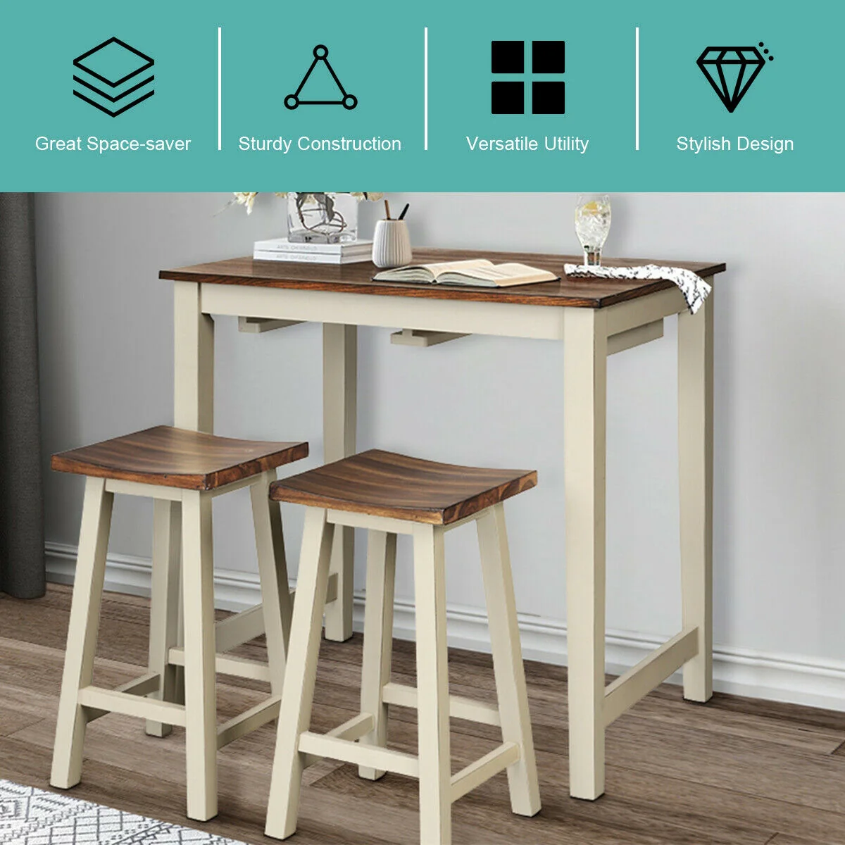 Counter Height Pub Table With 2 Saddle Bar Stools, Brown - Image 8