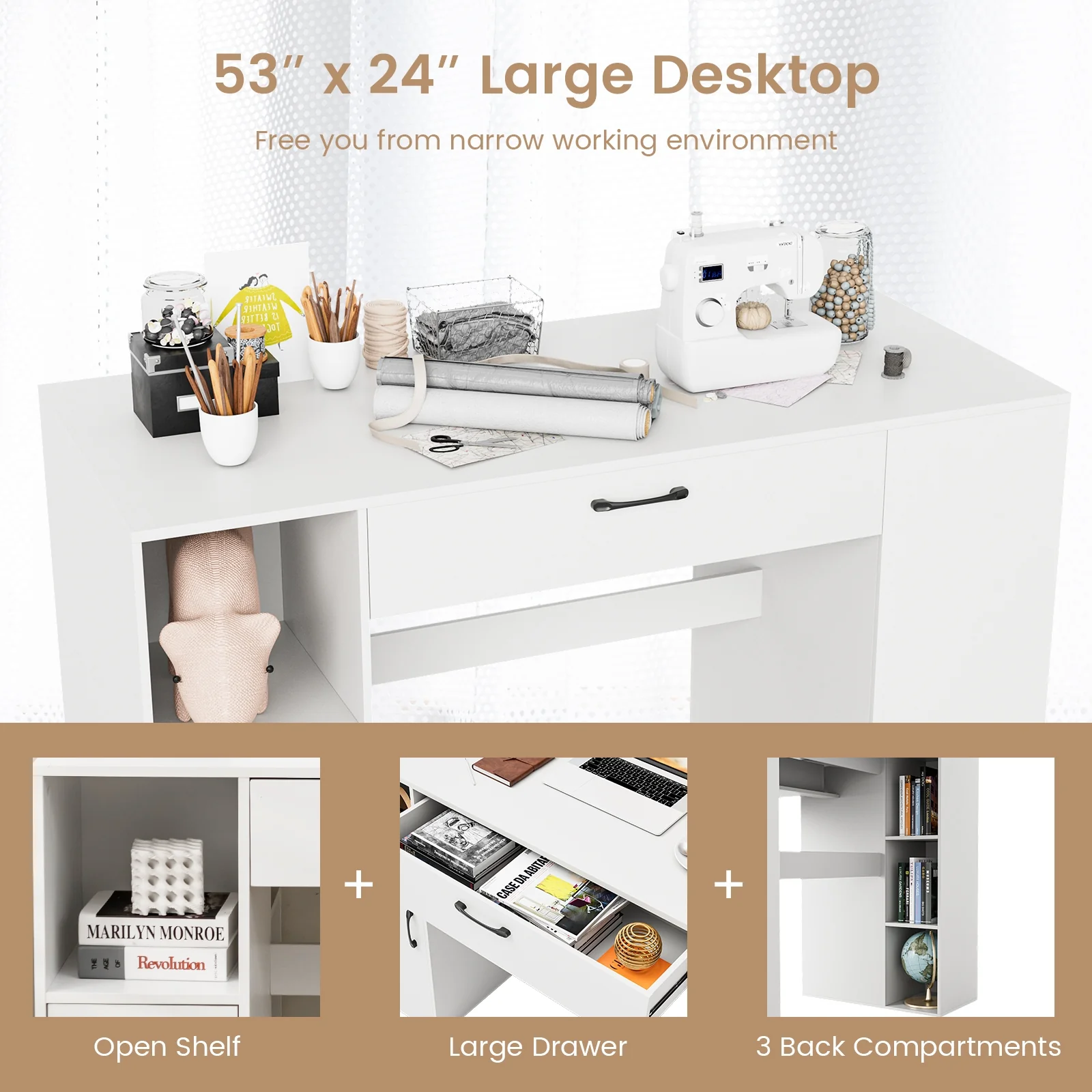 Counter Height Sewing Craft Table, Adjustable Shelves, Drawer, White - Image 10