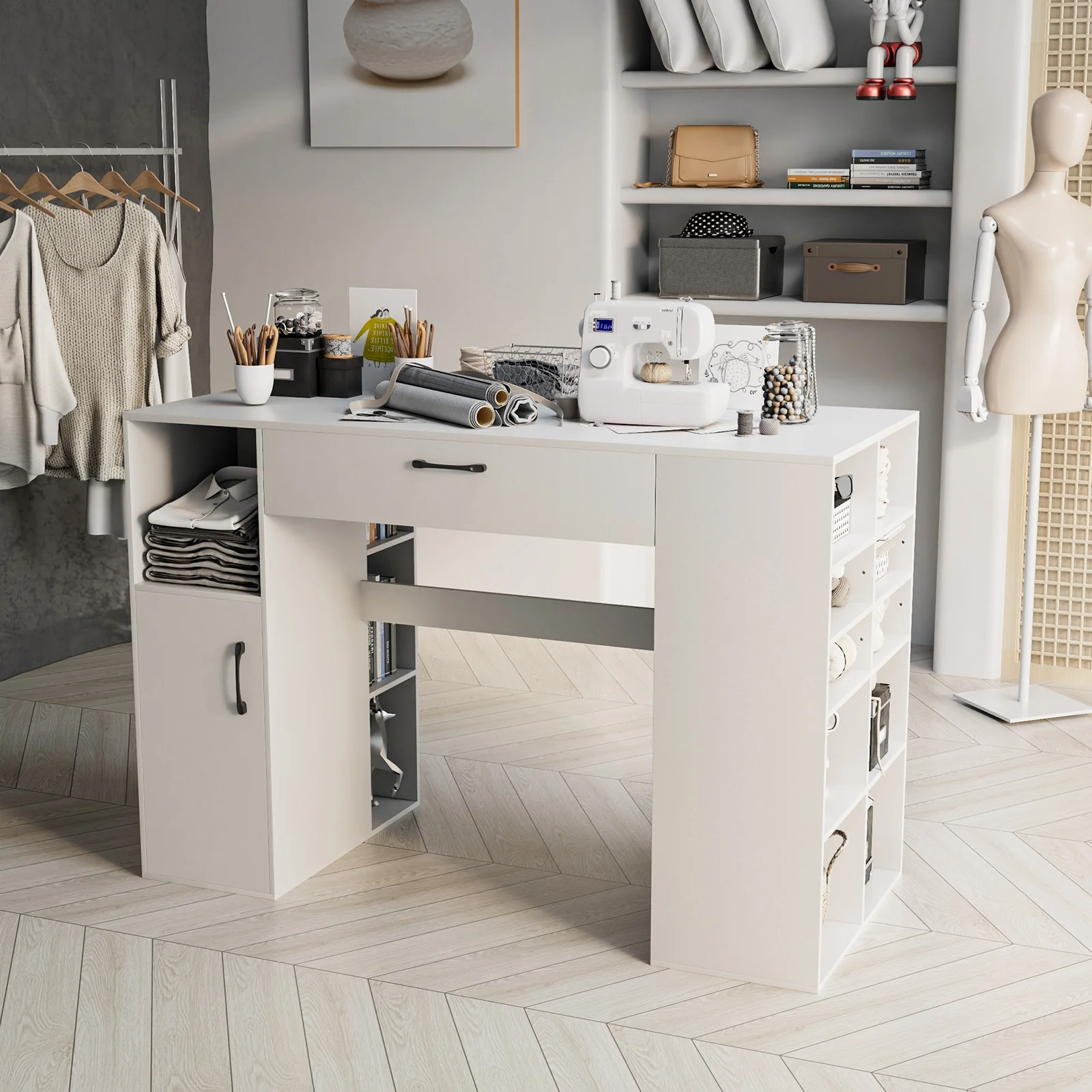 Counter Height Sewing Craft Table, Adjustable Shelves, Drawer, White - Image 2