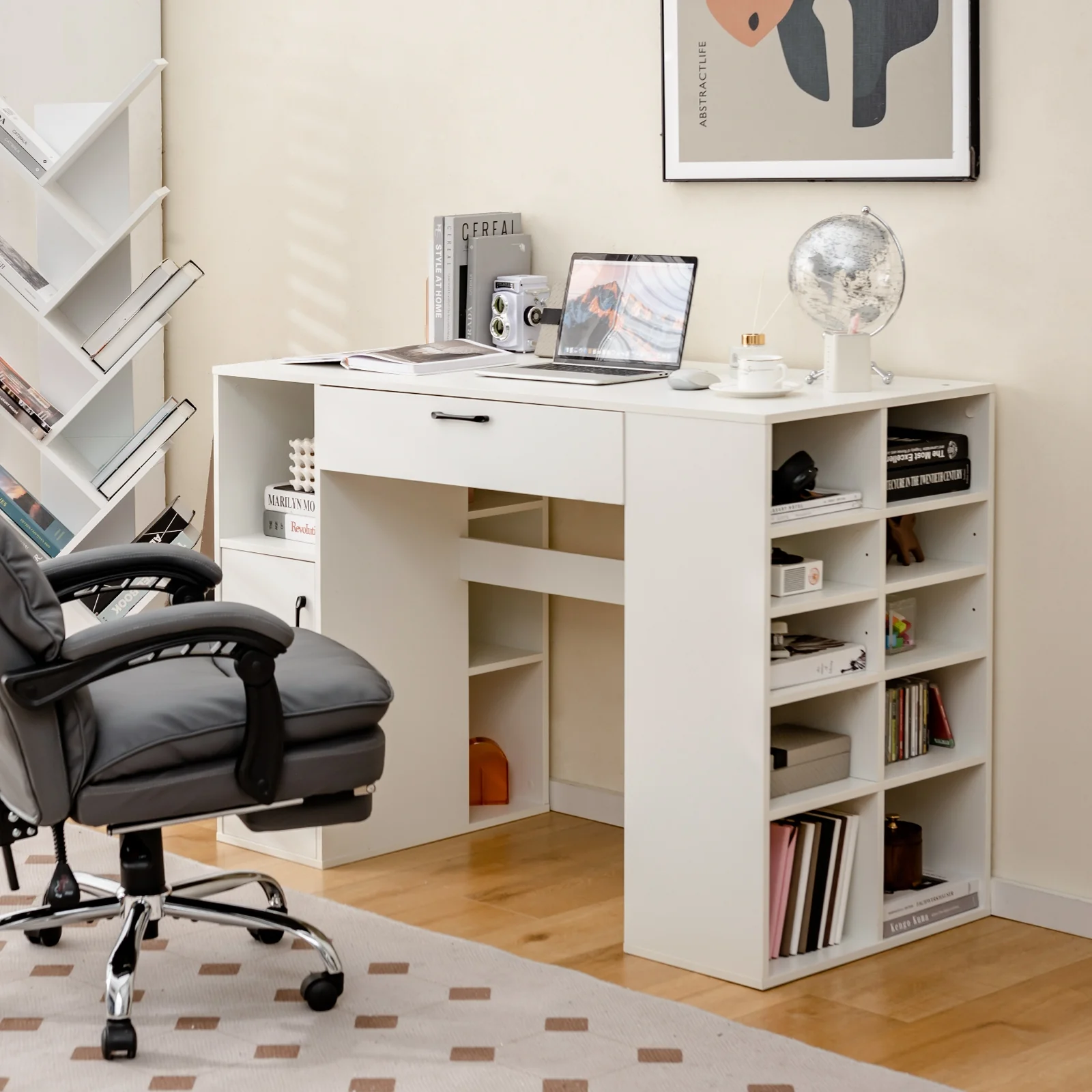 Counter Height Sewing Craft Table, Adjustable Shelves, Drawer, White - Image 3