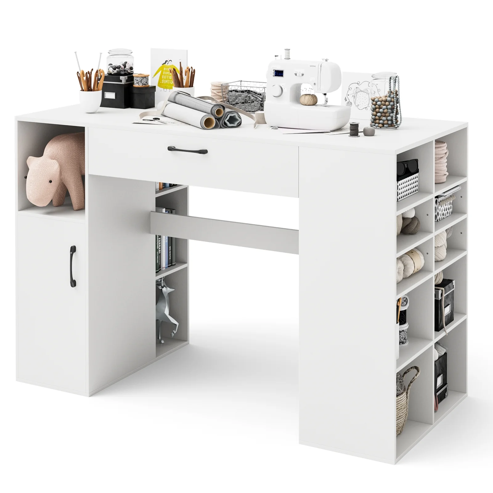 Counter Height Sewing Craft Table, Adjustable Shelves, Drawer, White - Image 4