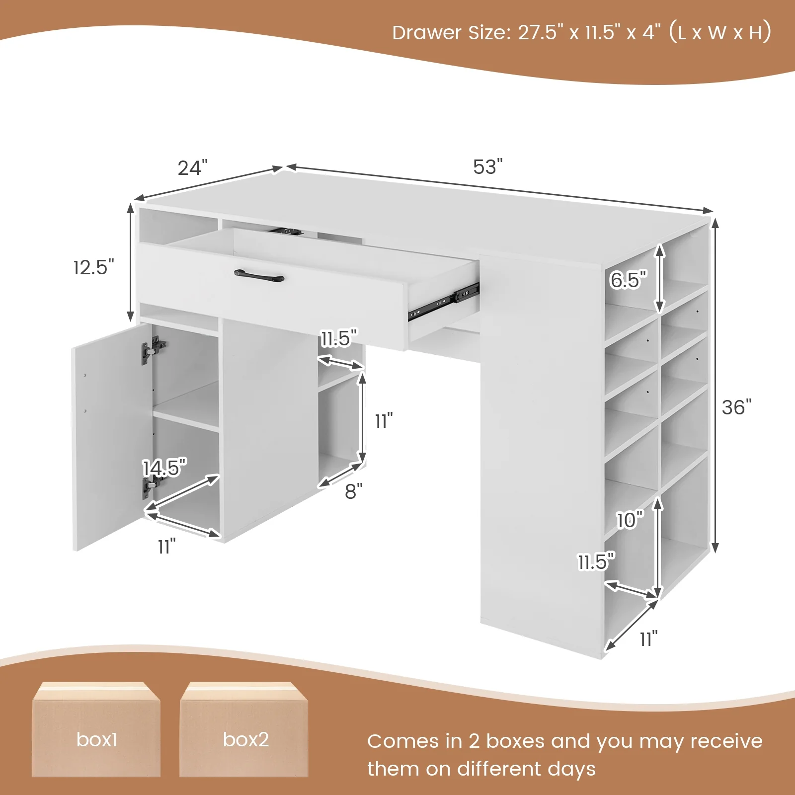 Counter Height Sewing Craft Table, Adjustable Shelves, Drawer, White - Image 6