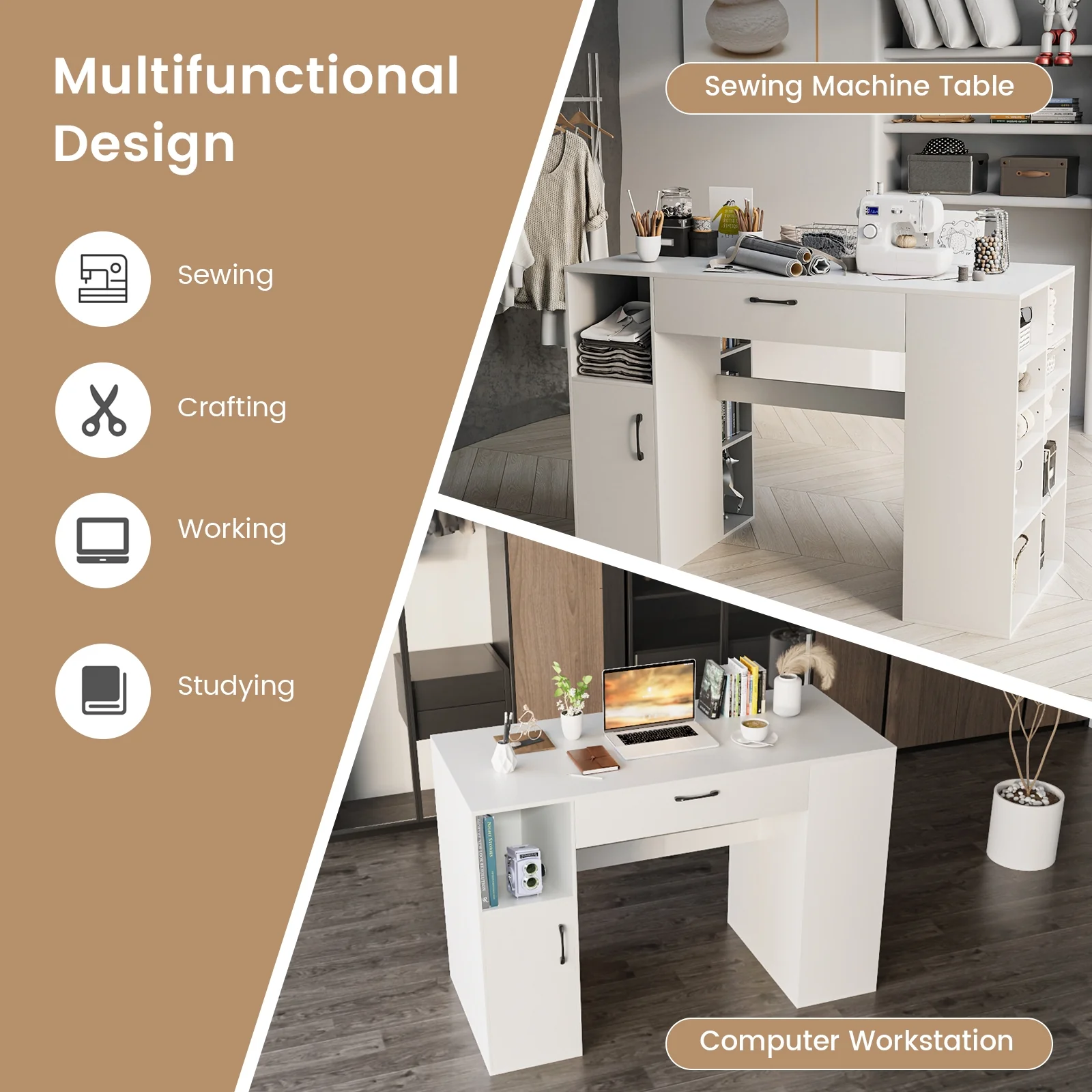 Counter Height Sewing Craft Table, Adjustable Shelves, Drawer, White - Image 7