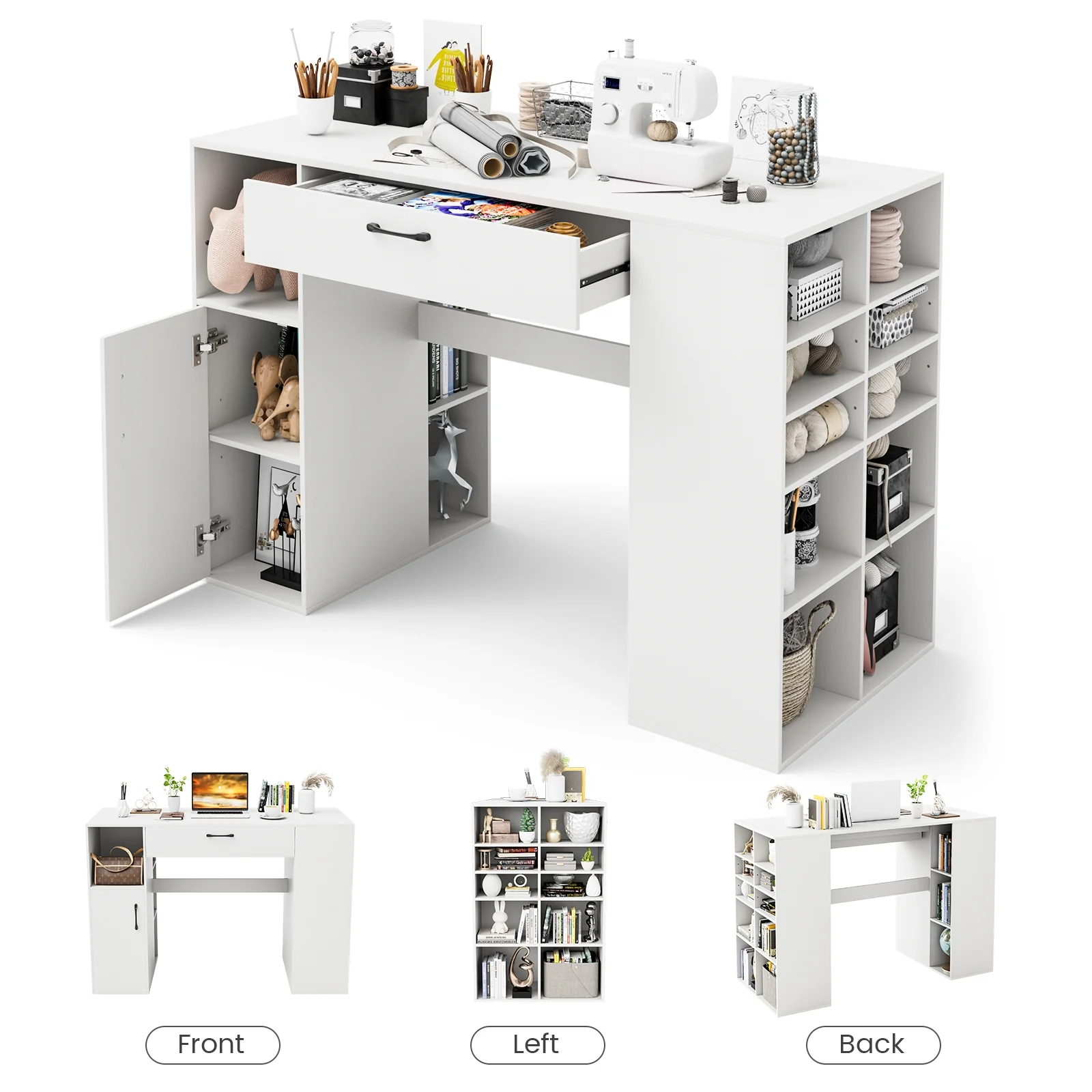 Counter Height Sewing Craft Table, Adjustable Shelves, Drawer, White - Image 9