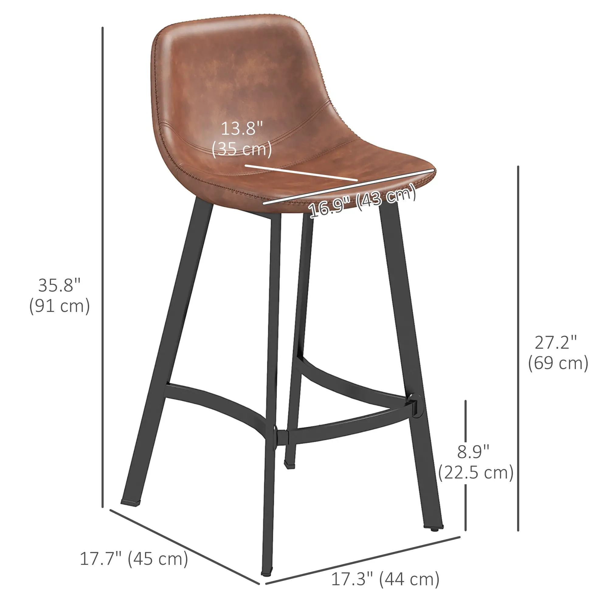 Counter Height Stools Set of 2, Upholstered Kitchen Stool with Back, Steel Legs - Image 3