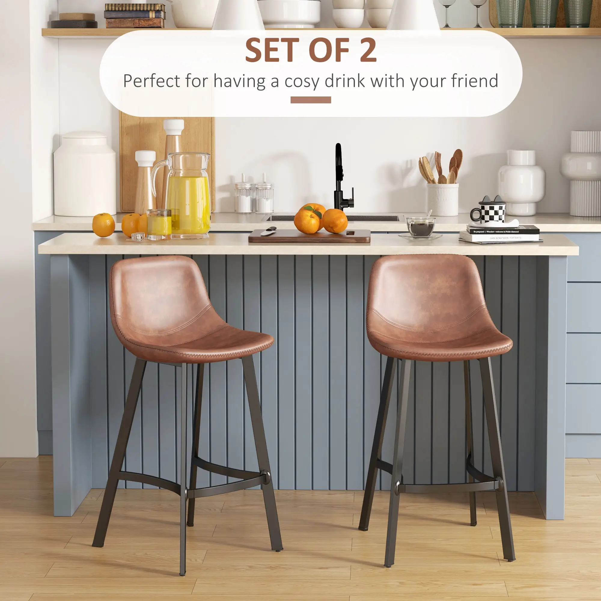 Counter Height Stools Set of 2, Upholstered Kitchen Stool with Back, Steel Legs - Image 4