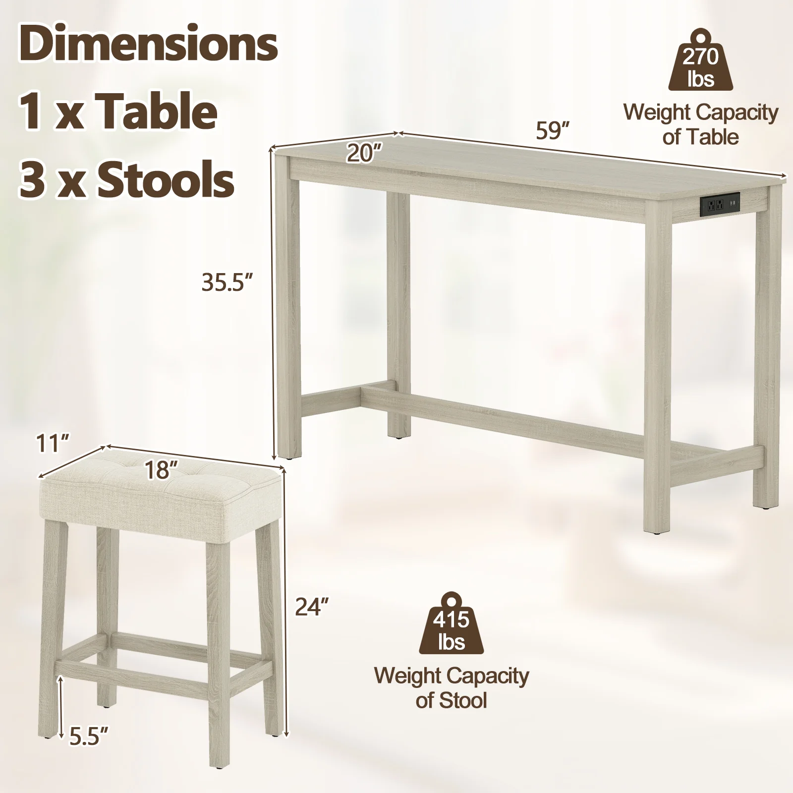 Counter Height Table with 3 Stools and 4-Piece Breakfast Nook Bar Set-GR, Gray - Image 6