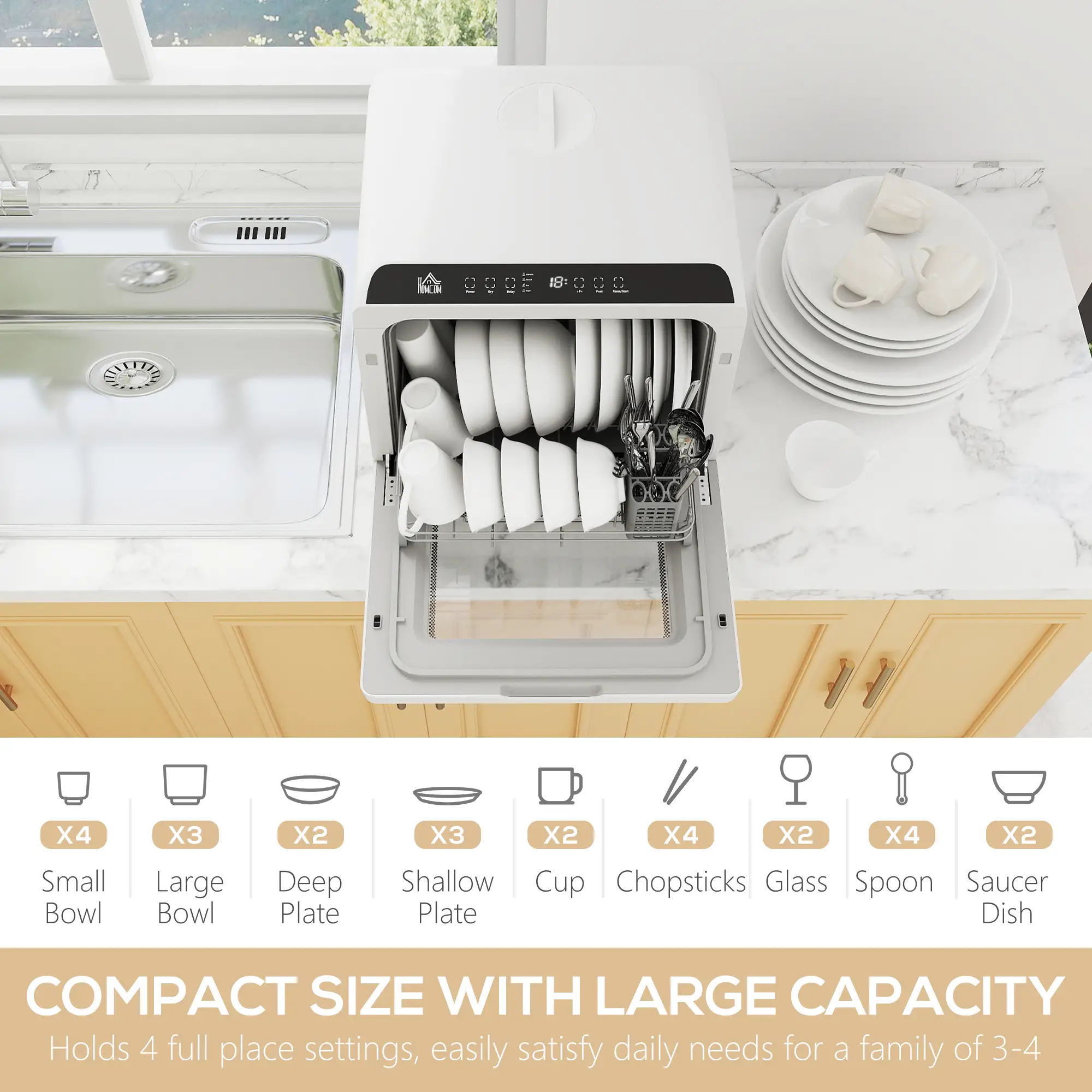 Countertop Dishwasher, 6L Water Tank, 5 Wash Programs, White - Image 4