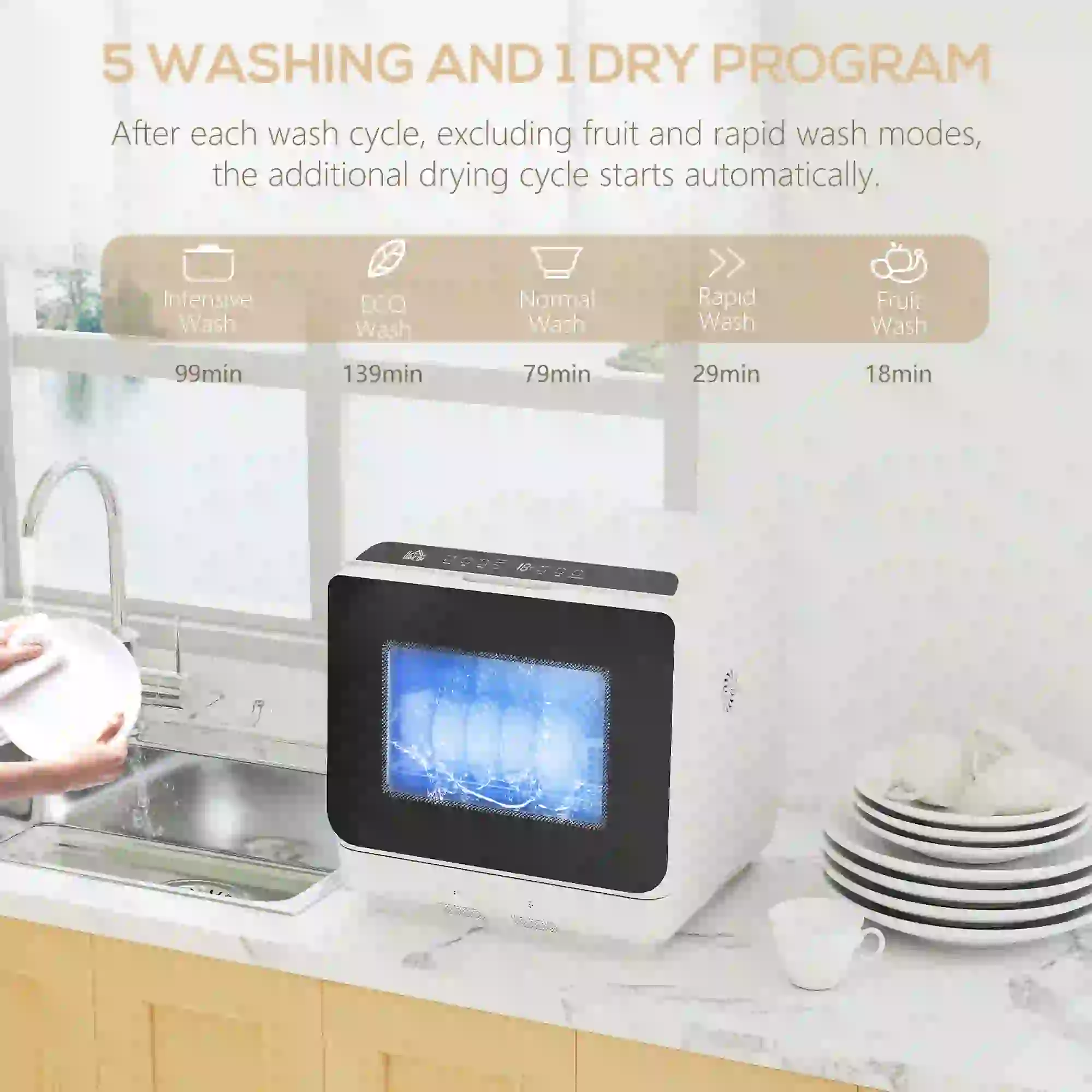Countertop Dishwasher, 6L Water Tank, 5 Wash Programs, White - Image 5