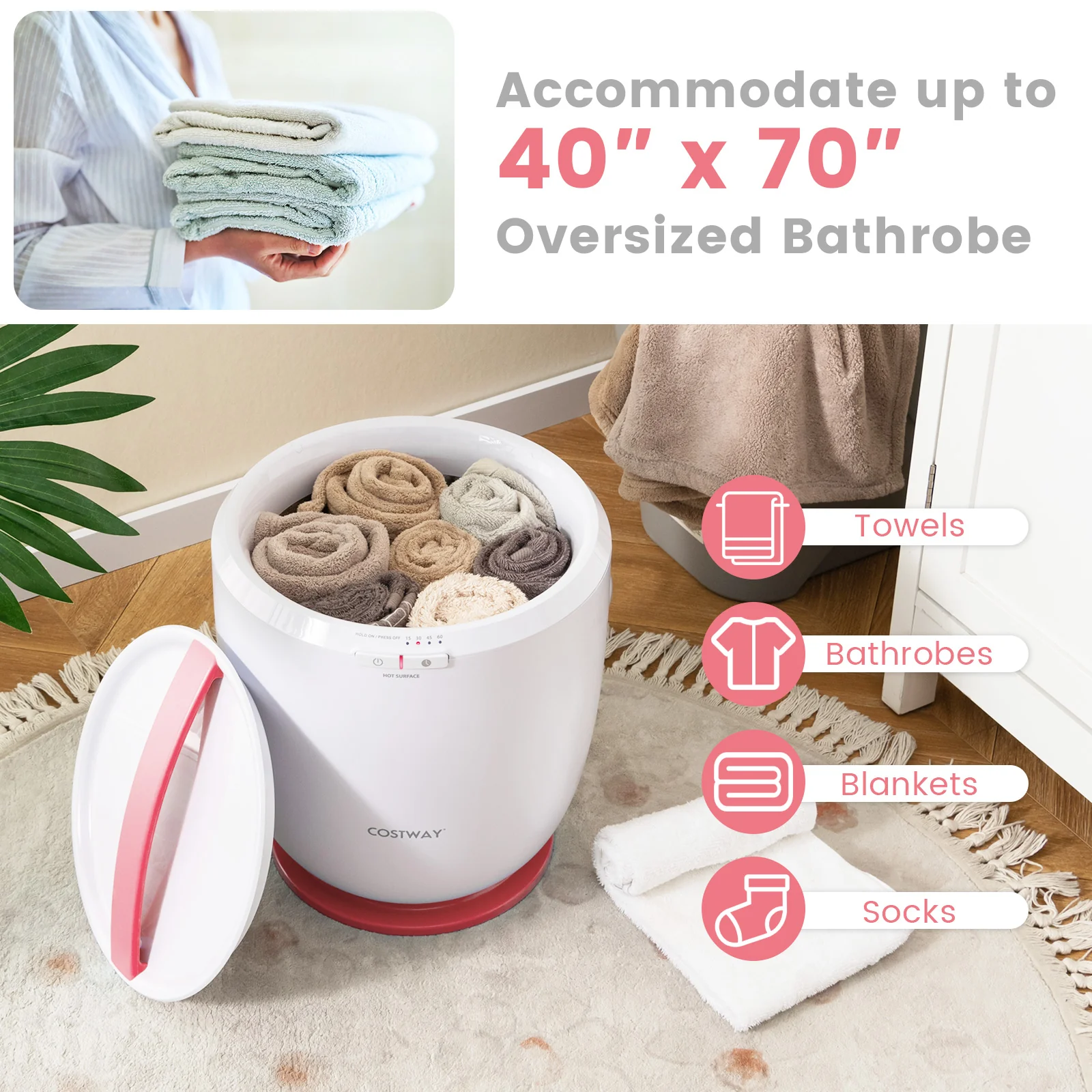 Countertop Towel Warmer Bucket With Auto Shut Off, Pink - Image 9