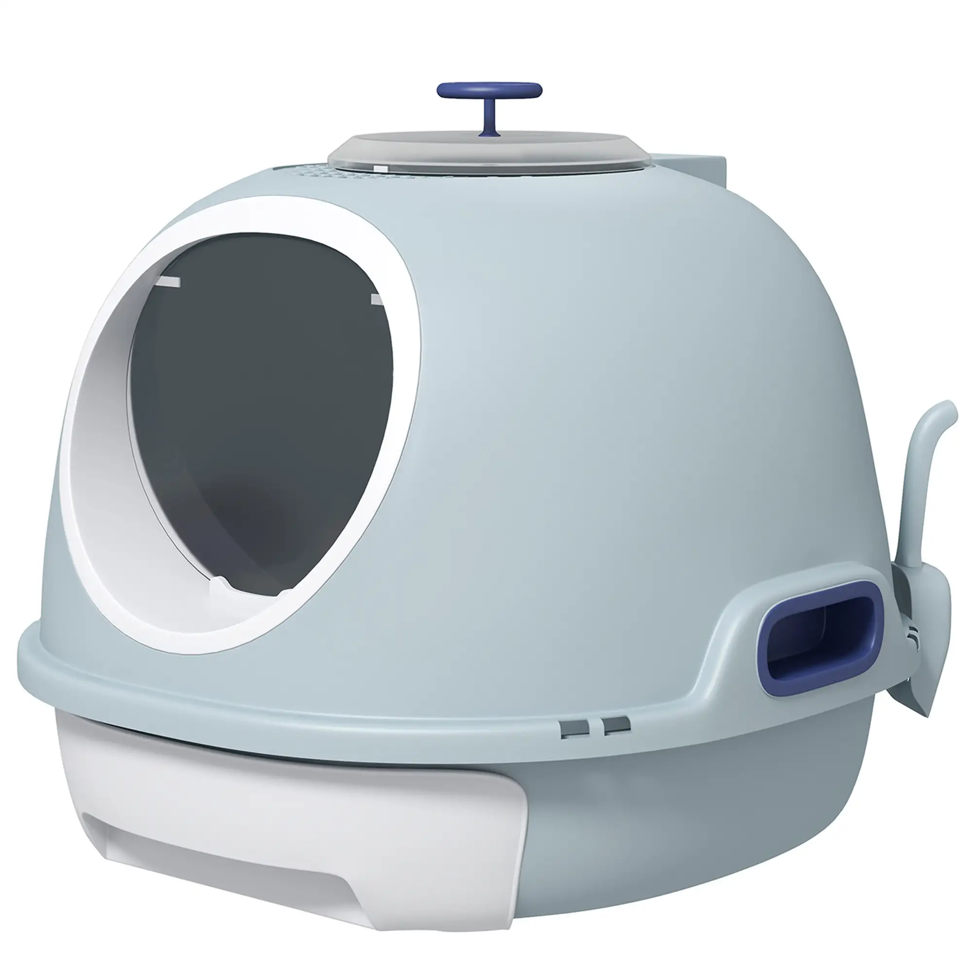 Covered Cat Litter Box with Lid, Scoop, Enclosed Drawer, Skylight, Blue