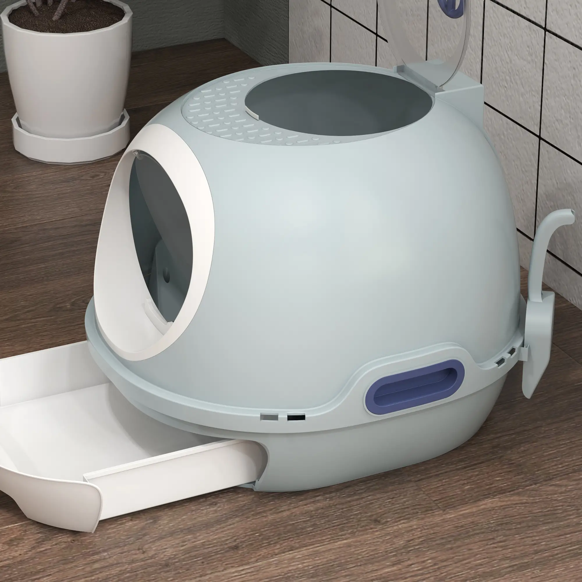 Covered Cat Litter Box with Lid, Scoop, Enclosed Drawer, Skylight, Blue - Image 10
