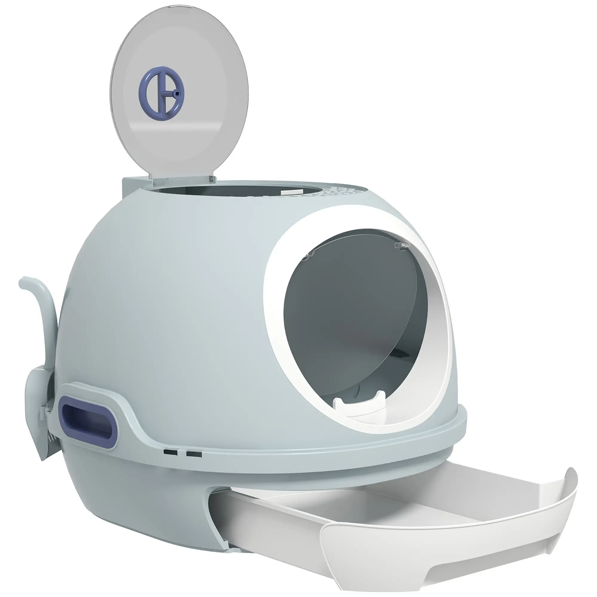 Covered Cat Litter Box with Lid, Scoop, Enclosed Drawer, Skylight, Blue - Image 11