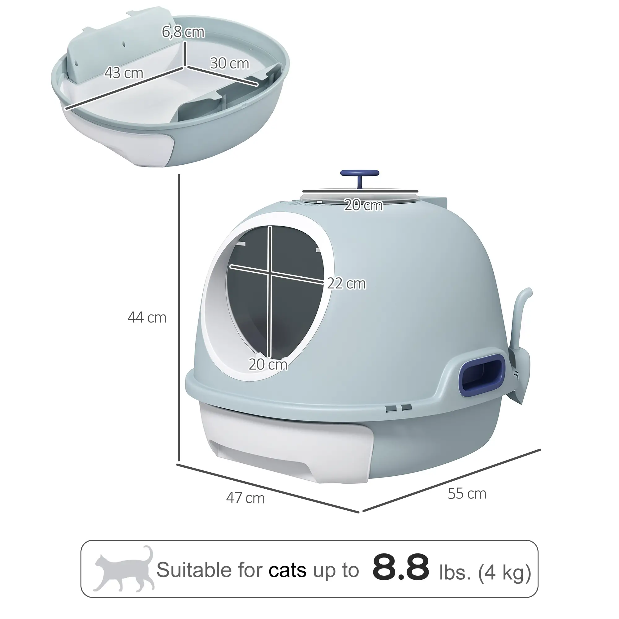 Covered Cat Litter Box with Lid, Scoop, Enclosed Drawer, Skylight, Blue - Image 3