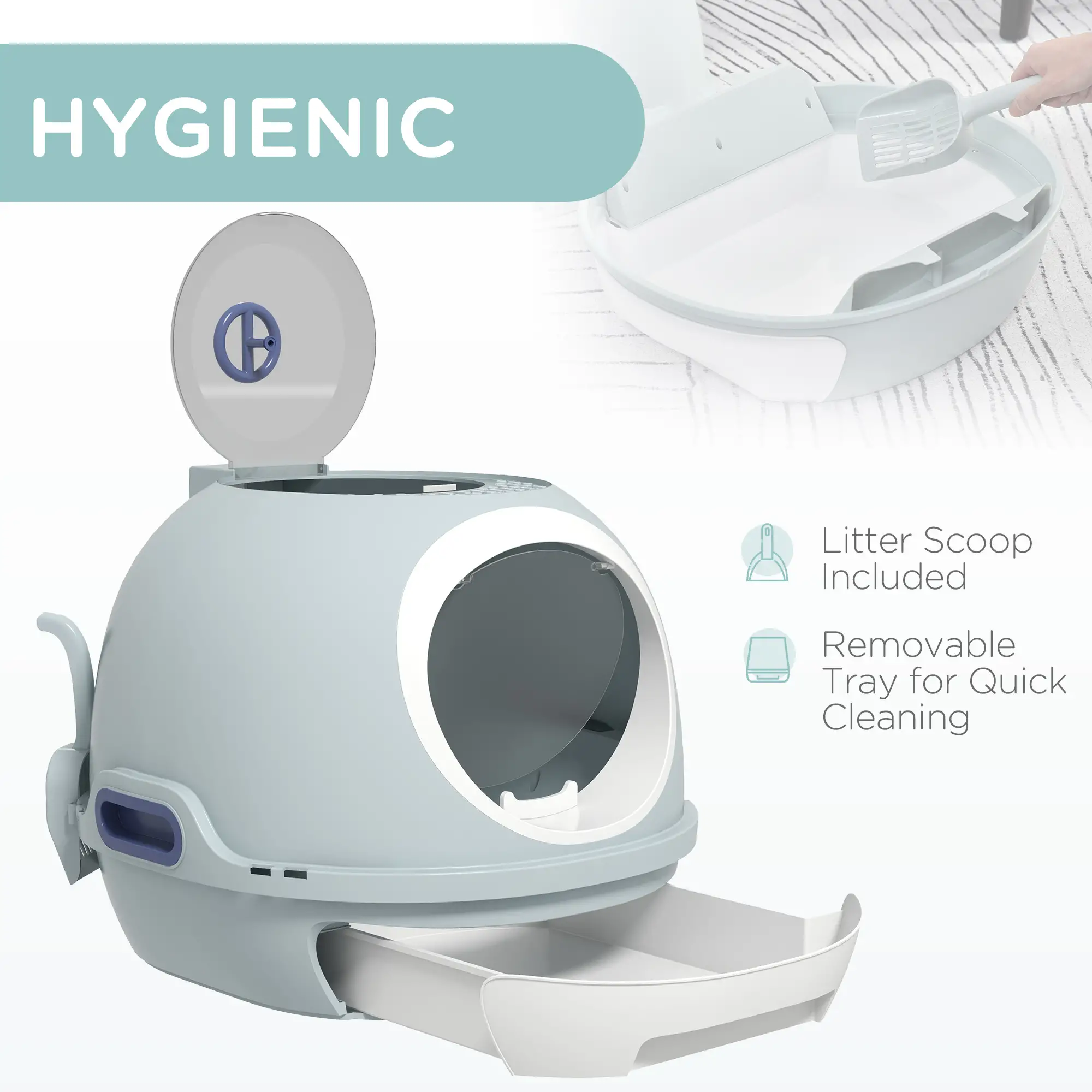 Covered Cat Litter Box with Lid, Scoop, Enclosed Drawer, Skylight, Blue - Image 4