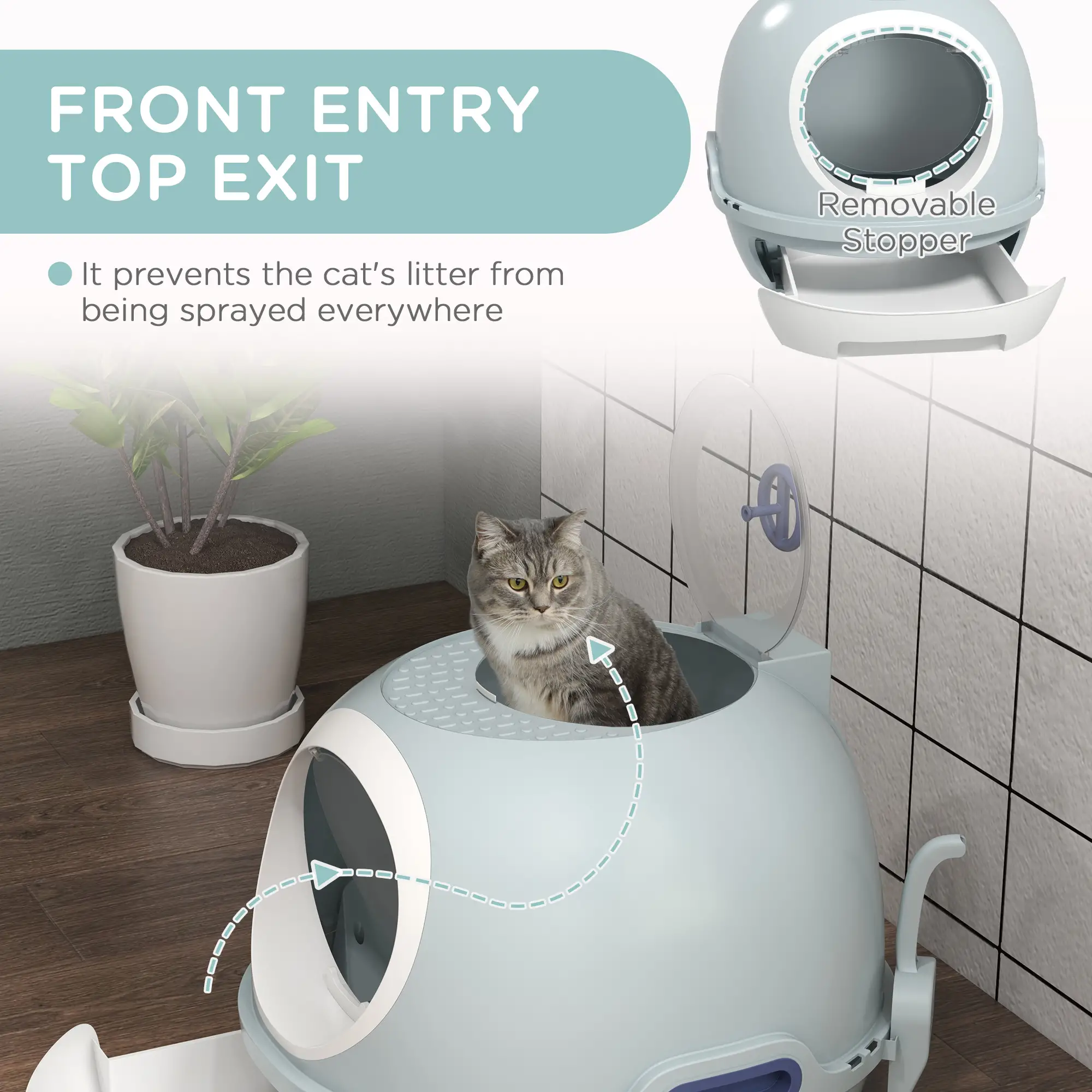 Covered Cat Litter Box with Lid, Scoop, Enclosed Drawer, Skylight, Blue - Image 5