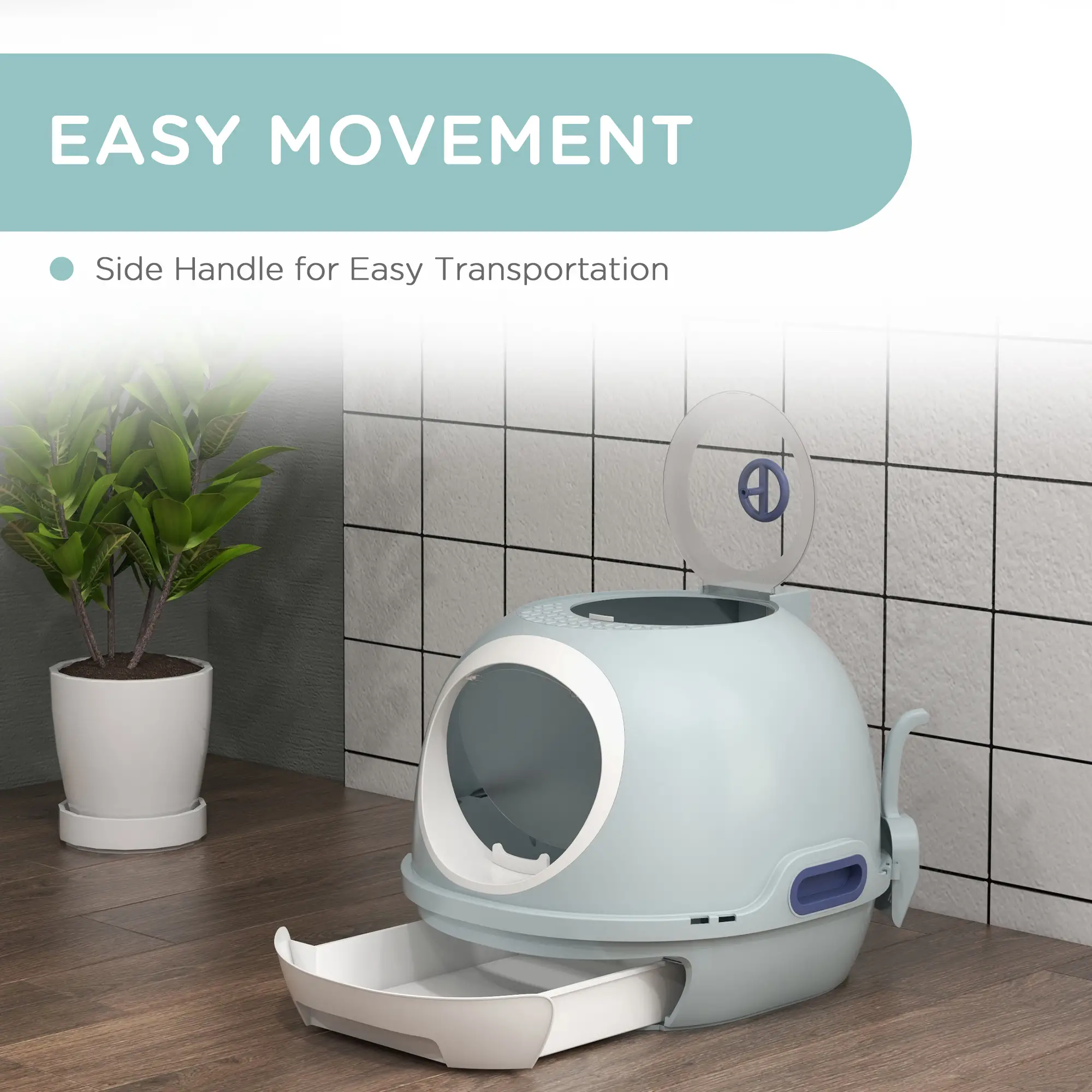 Covered Cat Litter Box with Lid, Scoop, Enclosed Drawer, Skylight, Blue - Image 6