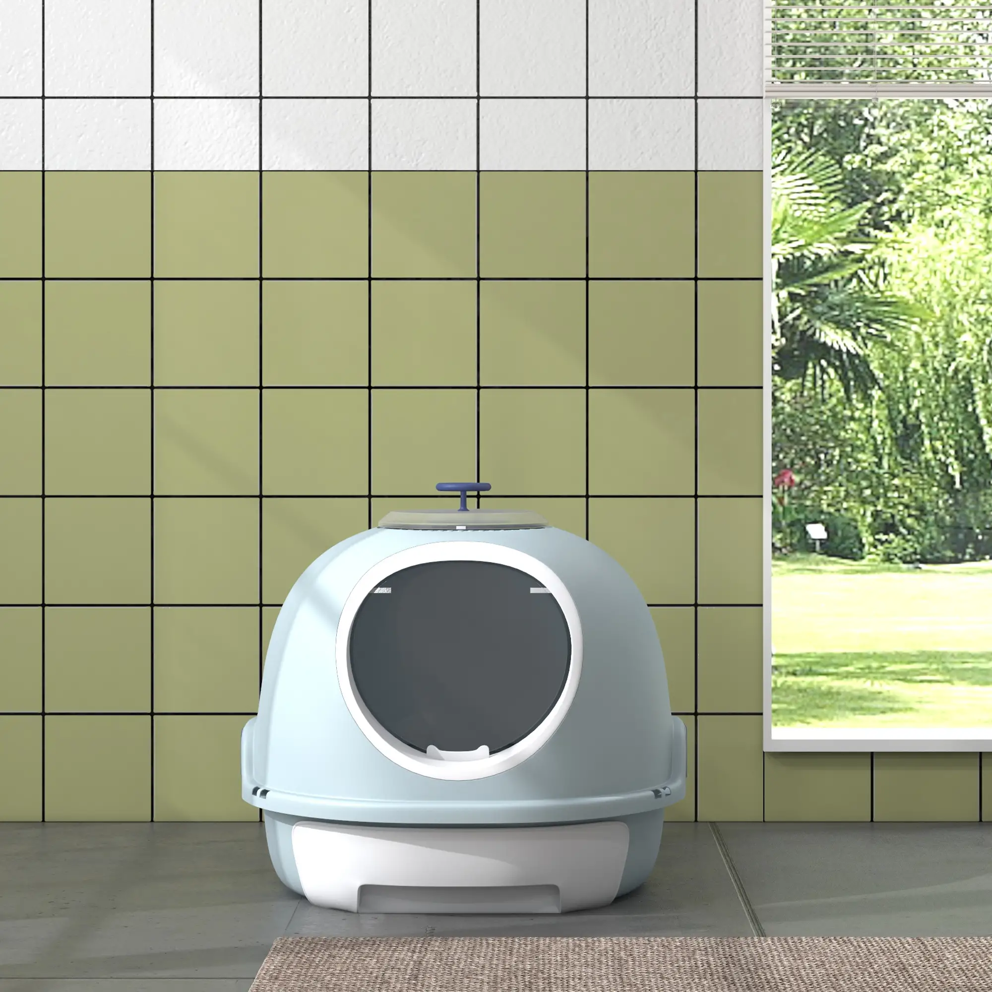 Covered Cat Litter Box with Lid, Scoop, Enclosed Drawer, Skylight, Blue - Image 7