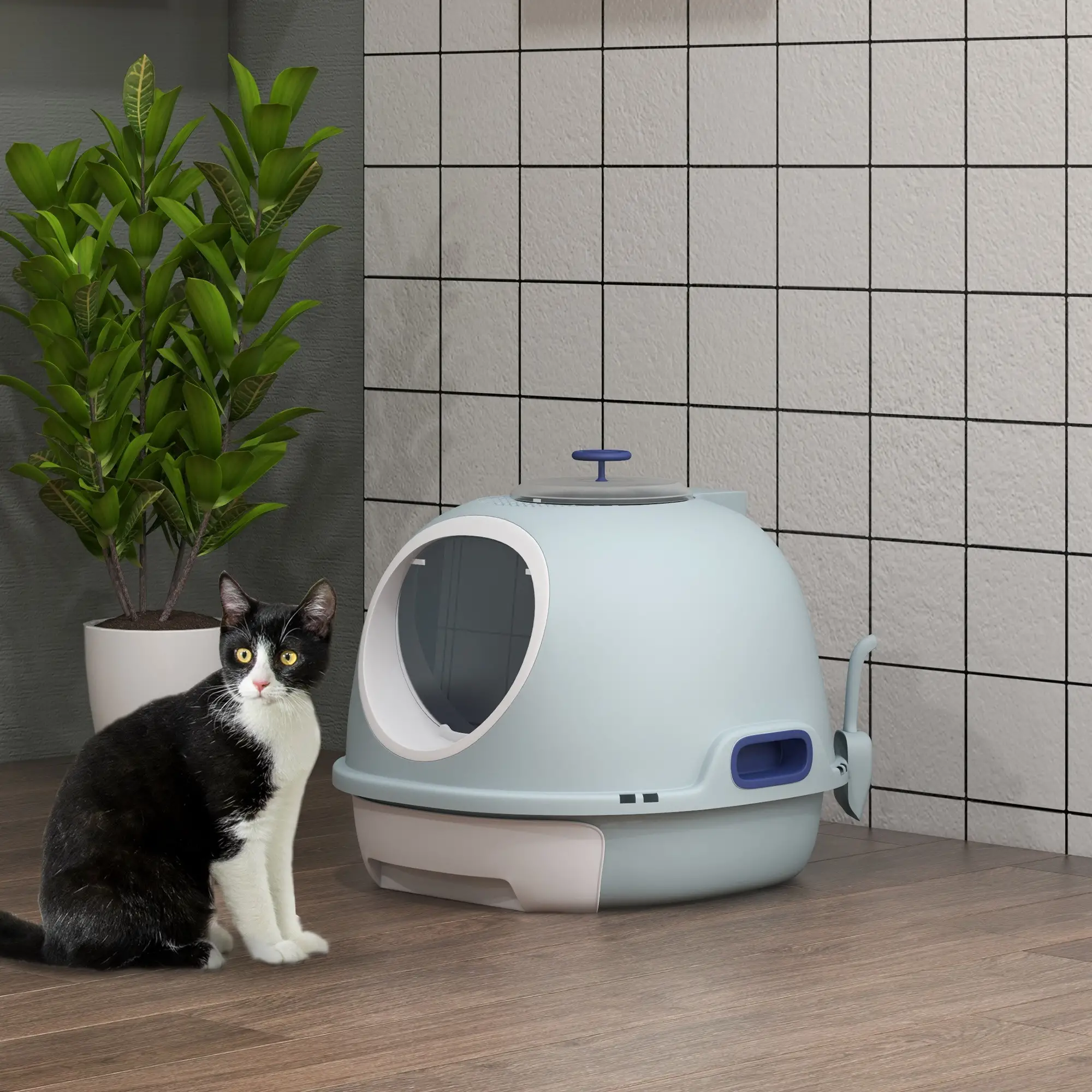 Covered Cat Litter Box with Lid, Scoop, Enclosed Drawer, Skylight, Blue - Image 8