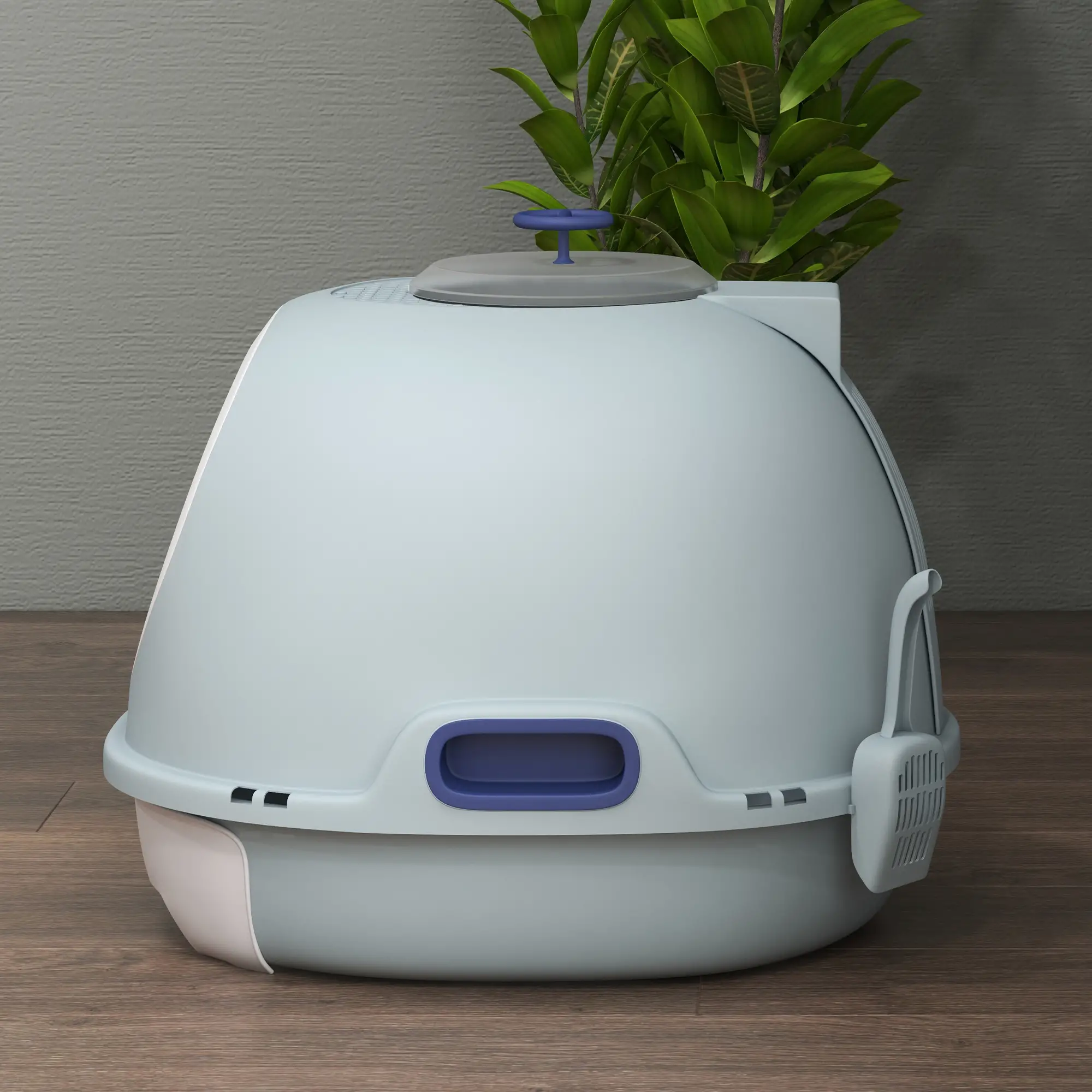 Covered Cat Litter Box with Lid, Scoop, Enclosed Drawer, Skylight, Blue - Image 9