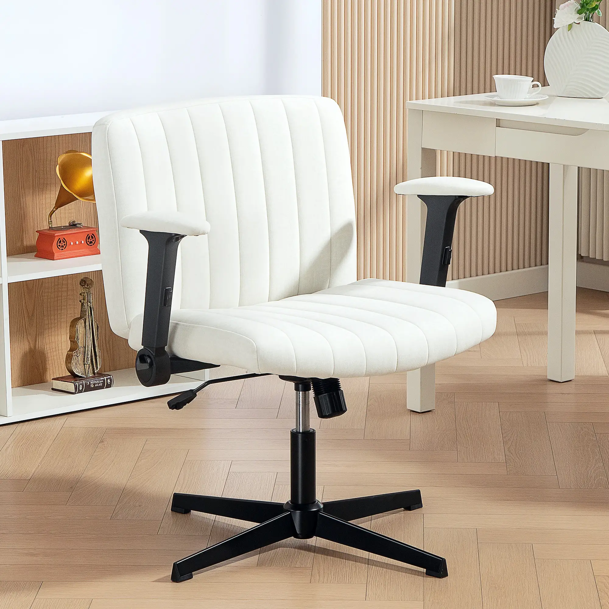 Criss Cross Chair, Flip-Up Armrests, Adjustable Height, Tilting, No Wheels, Beige - Image 2