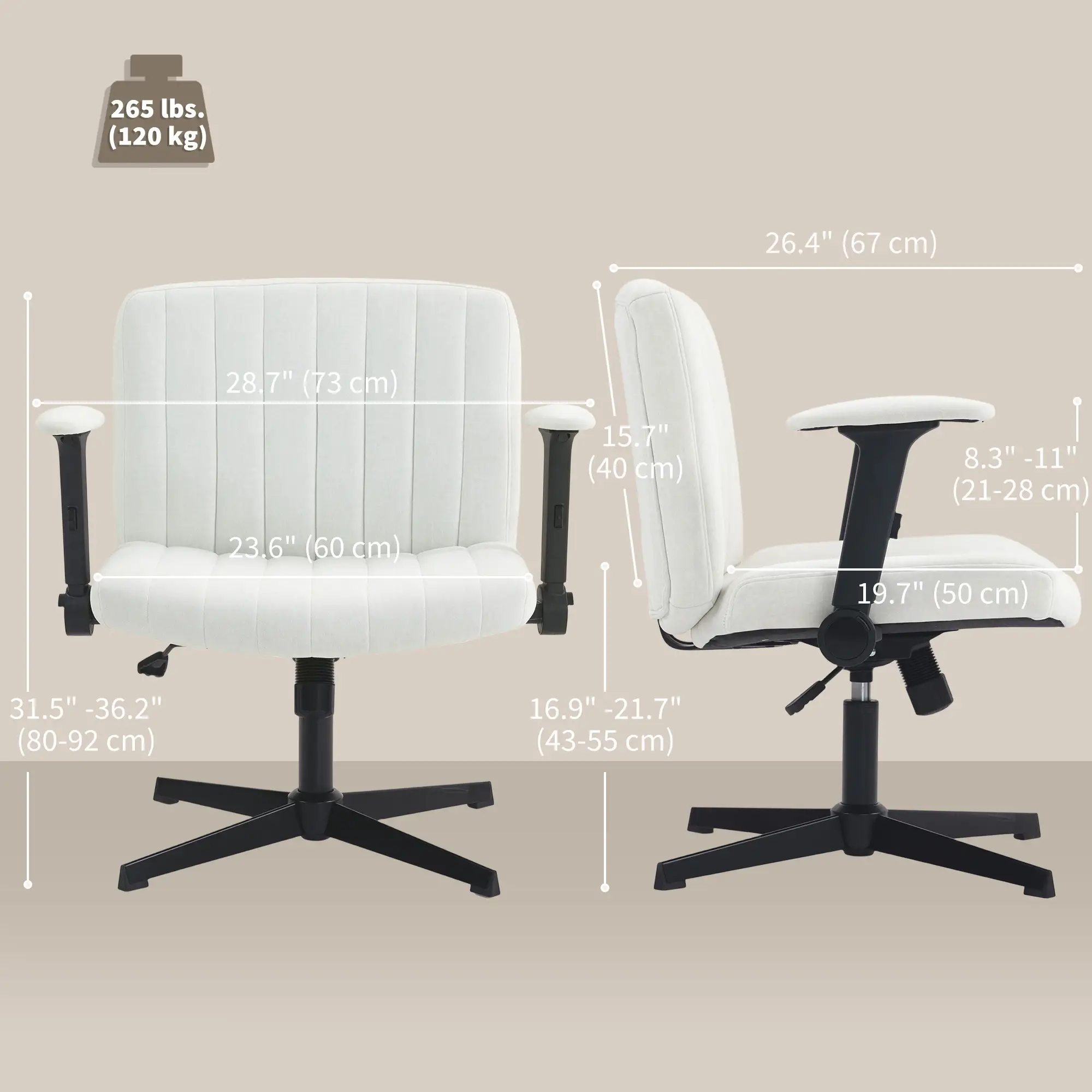 Criss Cross Chair, Flip-Up Armrests, Adjustable Height, Tilting, No Wheels, Beige - Image 3