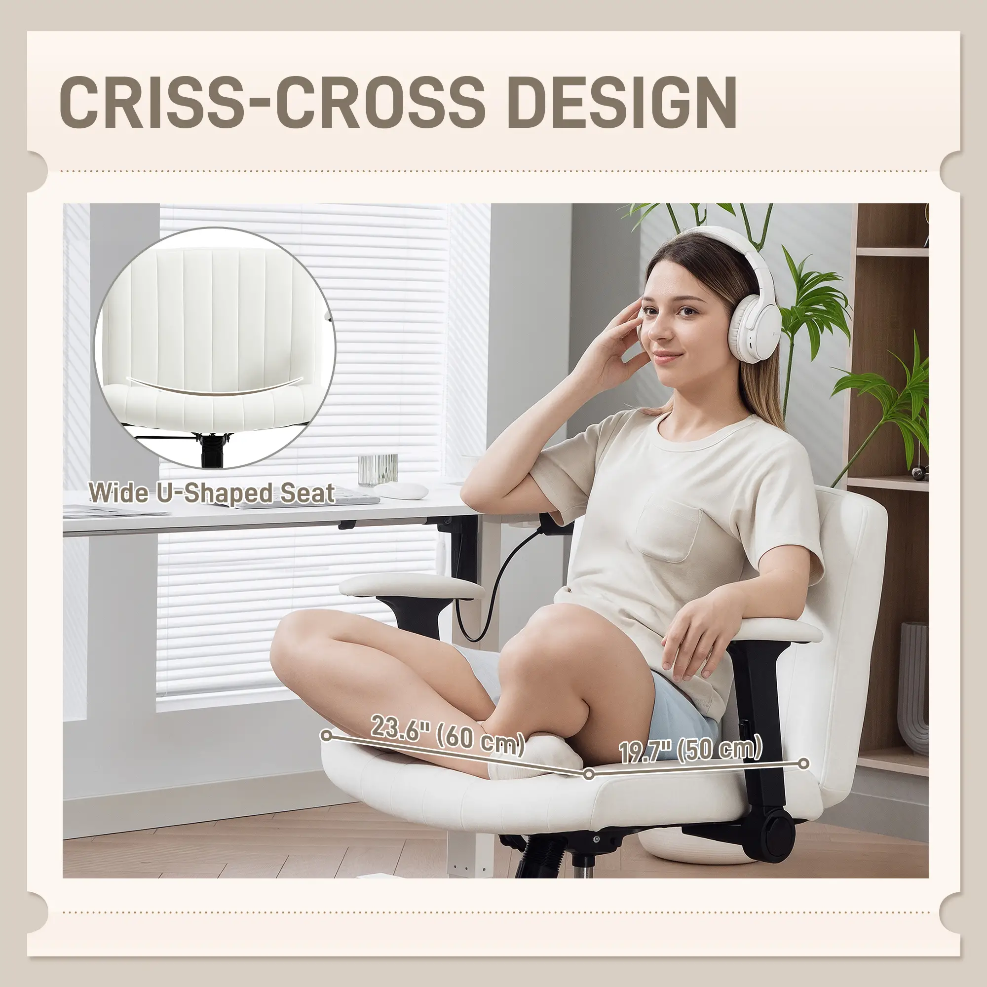 Criss Cross Chair, Flip-Up Armrests, Adjustable Height, Tilting, No Wheels, Beige - Image 4