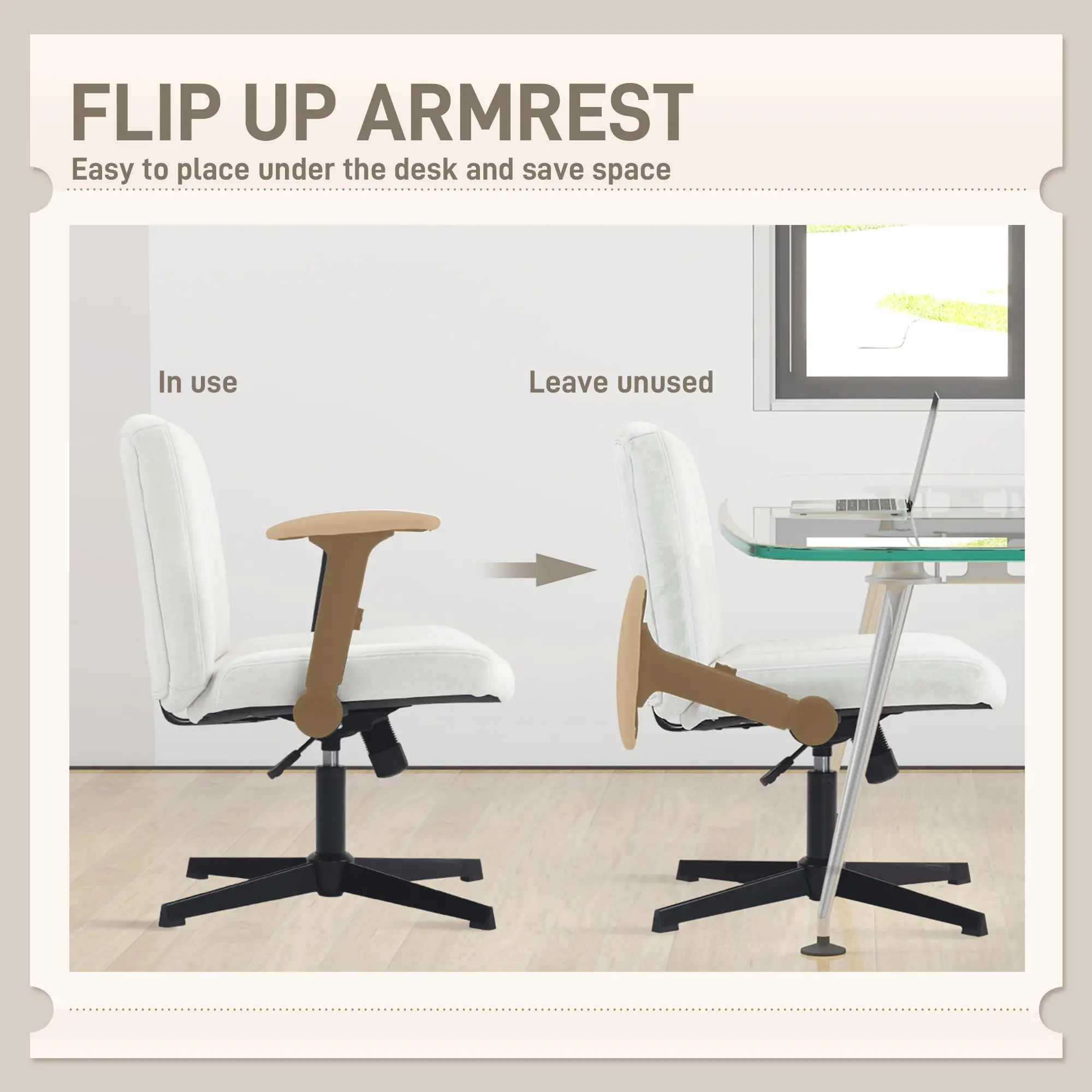 Criss Cross Chair, Flip-Up Armrests, Adjustable Height, Tilting, No Wheels, Beige - Image 5