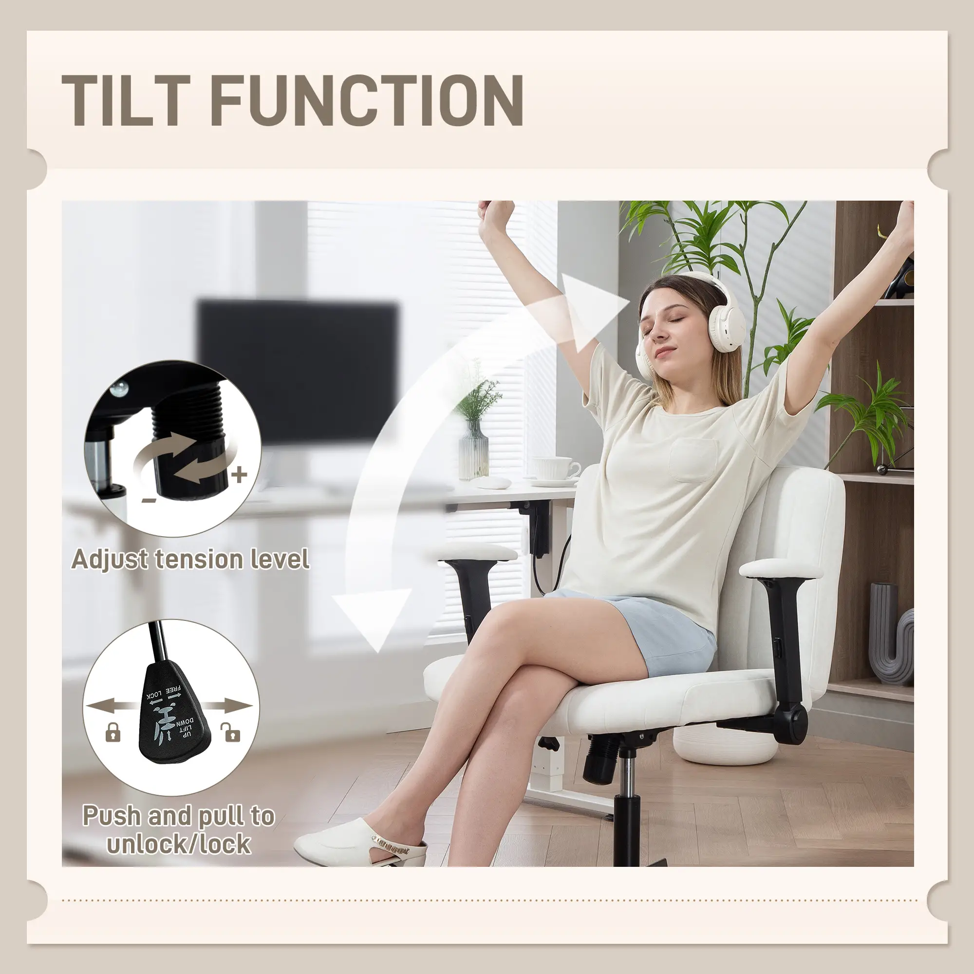 Criss Cross Chair, Flip-Up Armrests, Adjustable Height, Tilting, No Wheels, Beige - Image 6