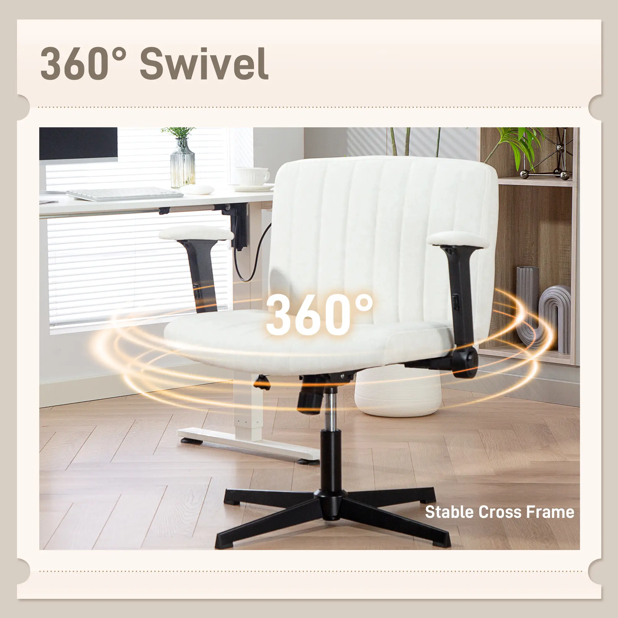Criss Cross Chair, Flip-Up Armrests, Adjustable Height, Tilting, No Wheels, Beige - Image 7