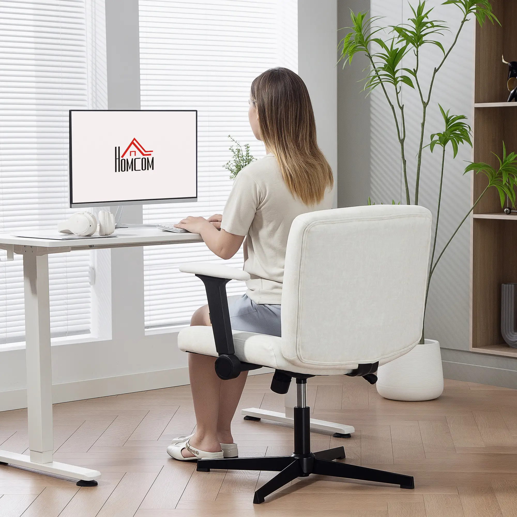 Criss Cross Chair, Flip-Up Armrests, Adjustable Height, Tilting, No Wheels, Beige - Image 9