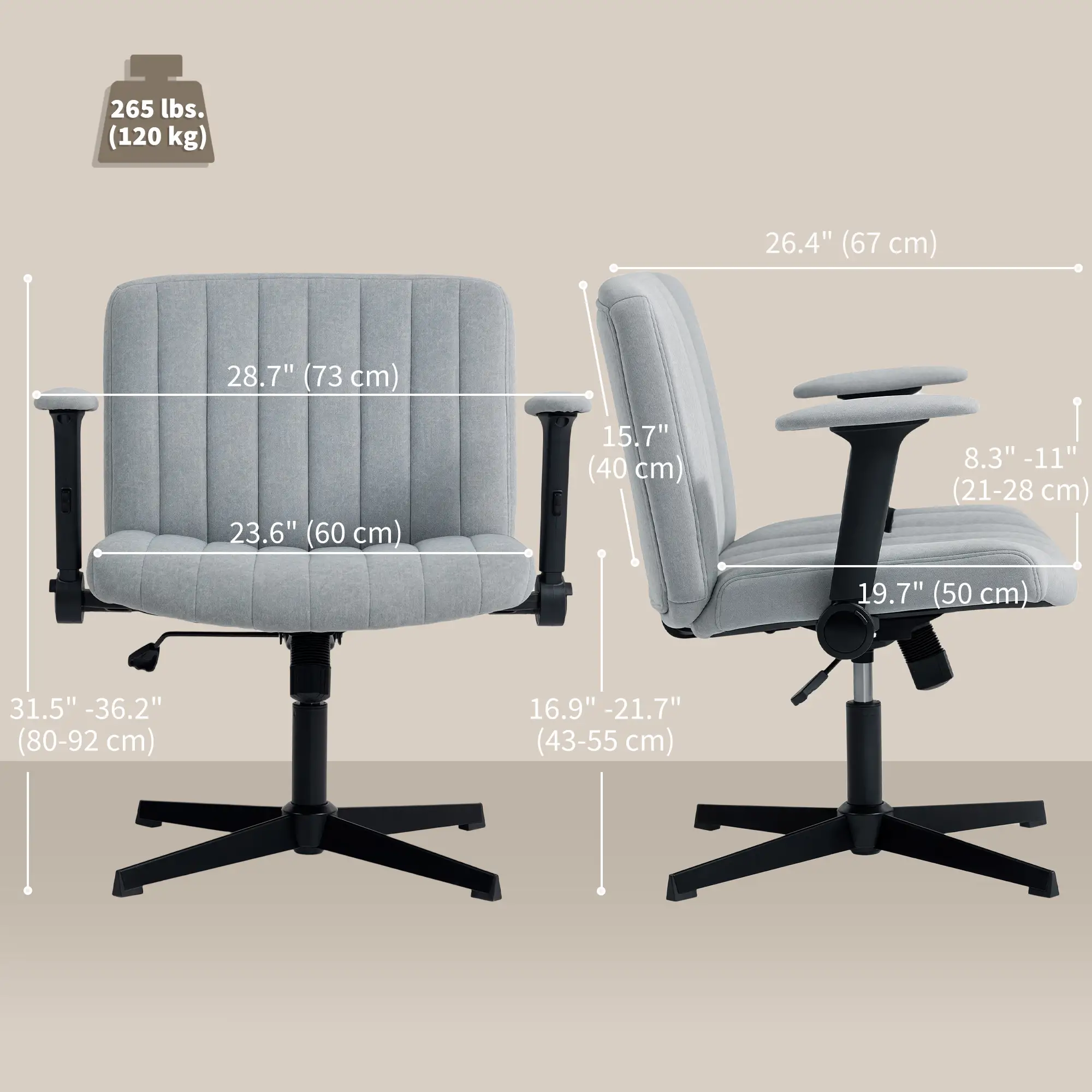 Criss Cross Chair, Flip-up Armrests, Adjustable Height, Tilting, No Wheels, Grey - Image 3
