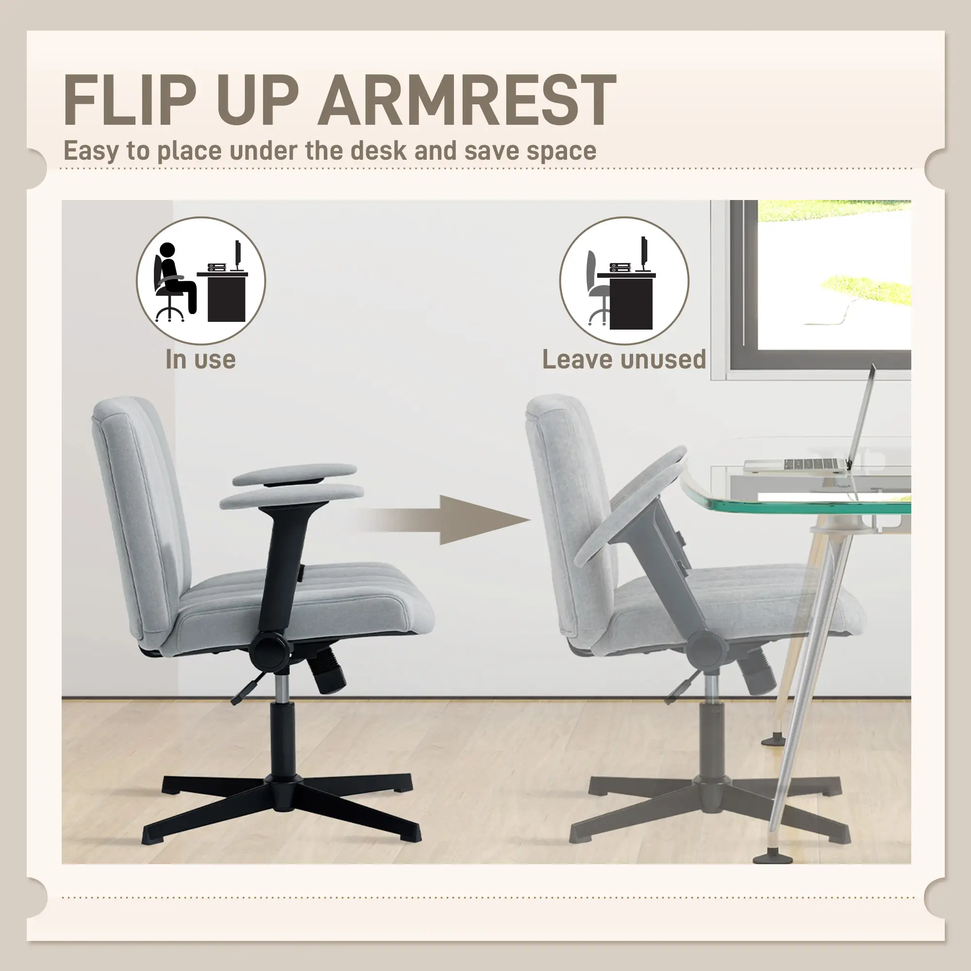 Criss Cross Chair, Flip-up Armrests, Adjustable Height, Tilting, No Wheels, Grey - Image 5