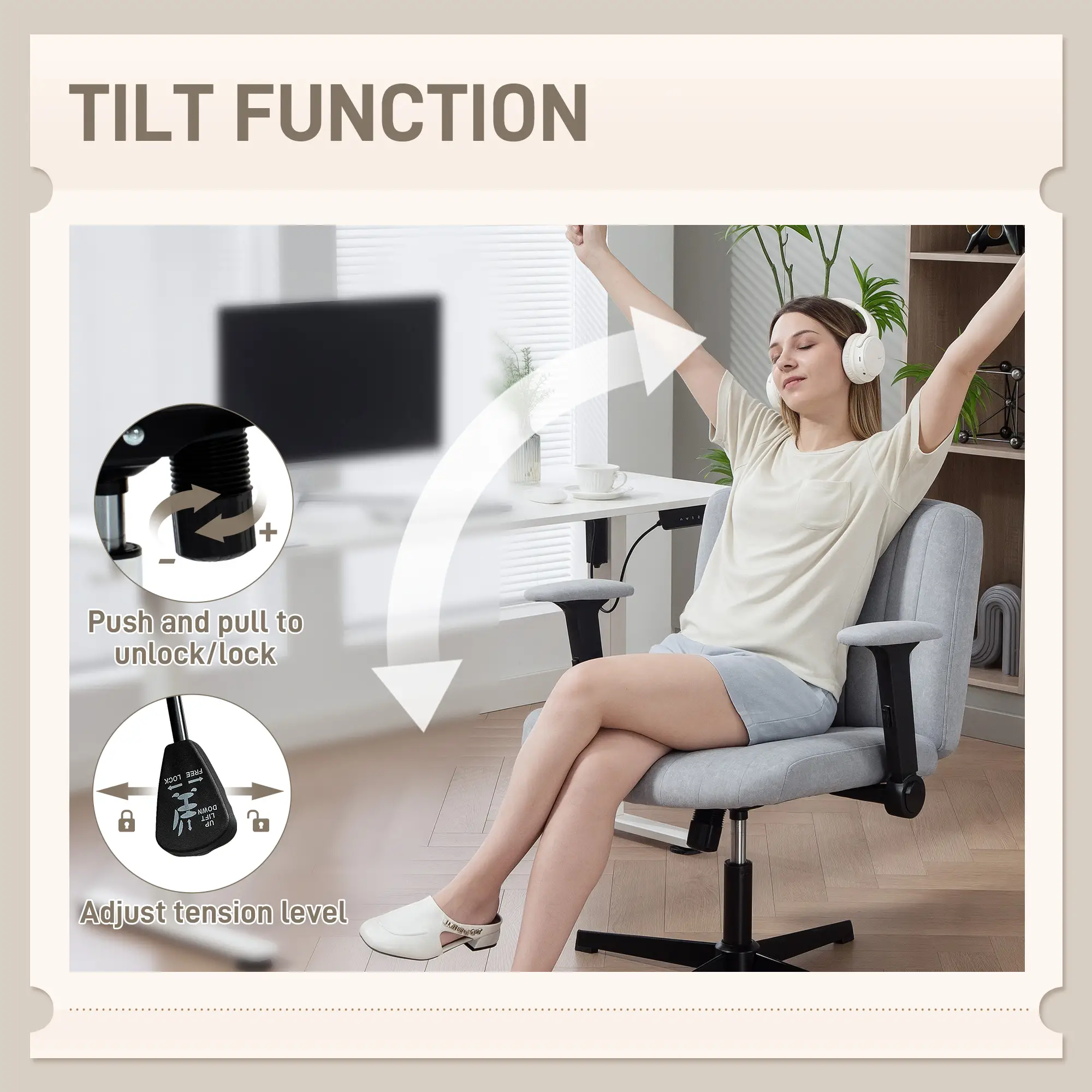 Criss Cross Chair, Flip-up Armrests, Adjustable Height, Tilting, No Wheels, Grey - Image 6