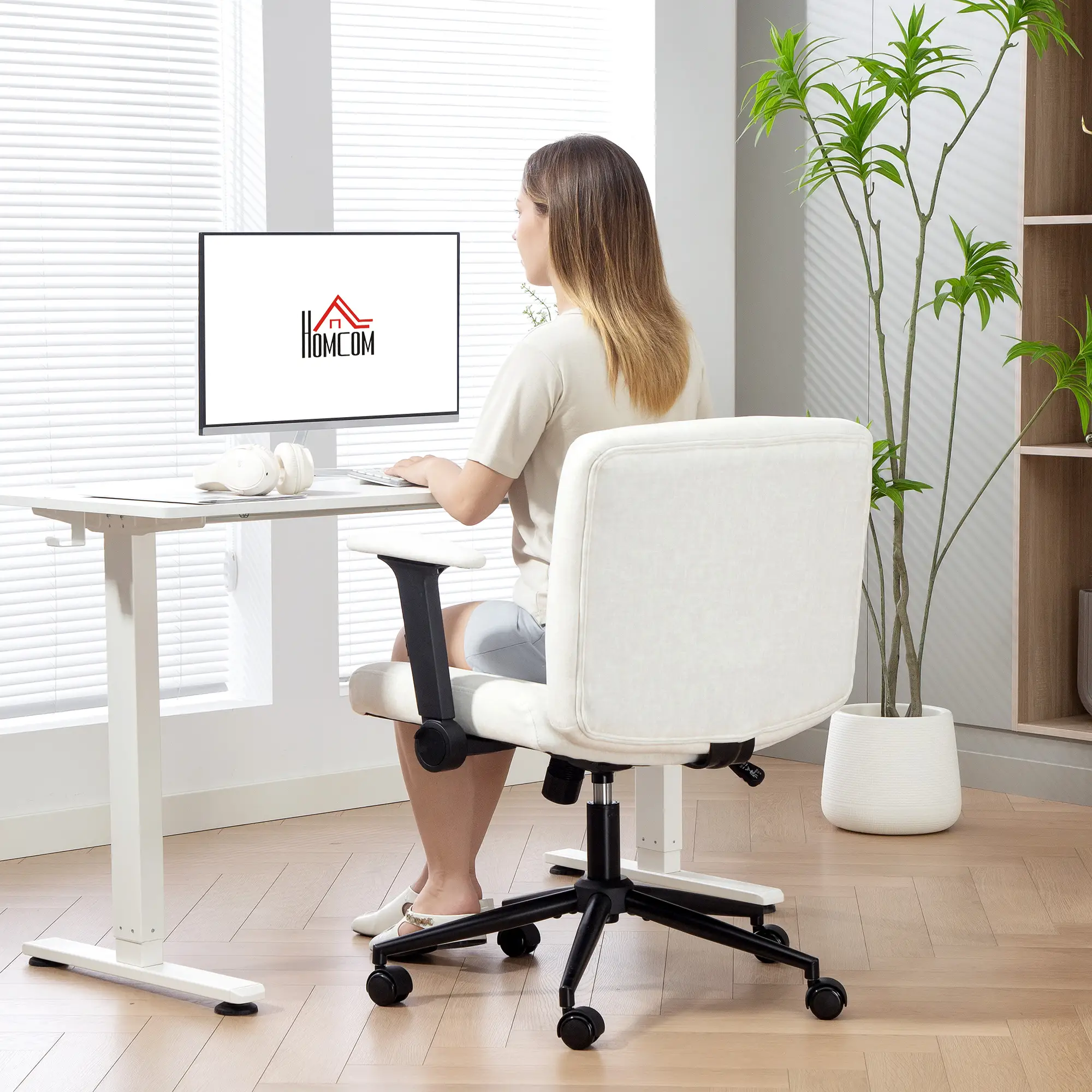 Criss Cross Chair with Flip-up Armrests, Wheels, Adjustable Height, Tilting, Cream White - Image 10