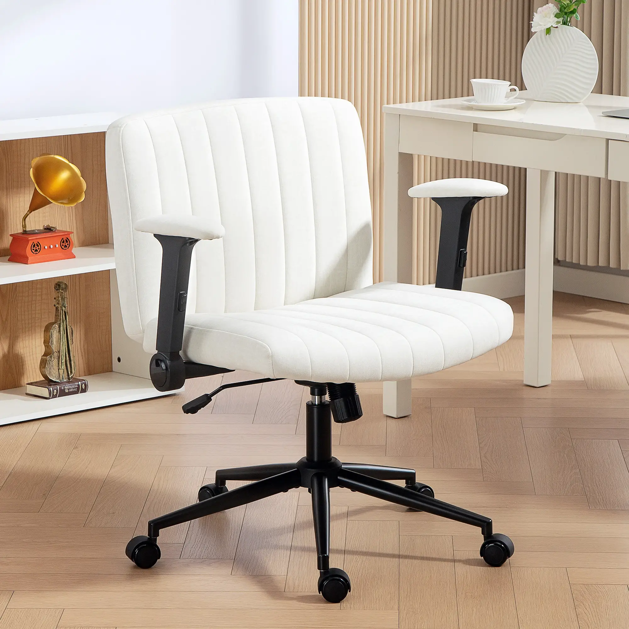 Criss Cross Chair with Flip-up Armrests, Wheels, Adjustable Height, Tilting, Cream White - Image 2