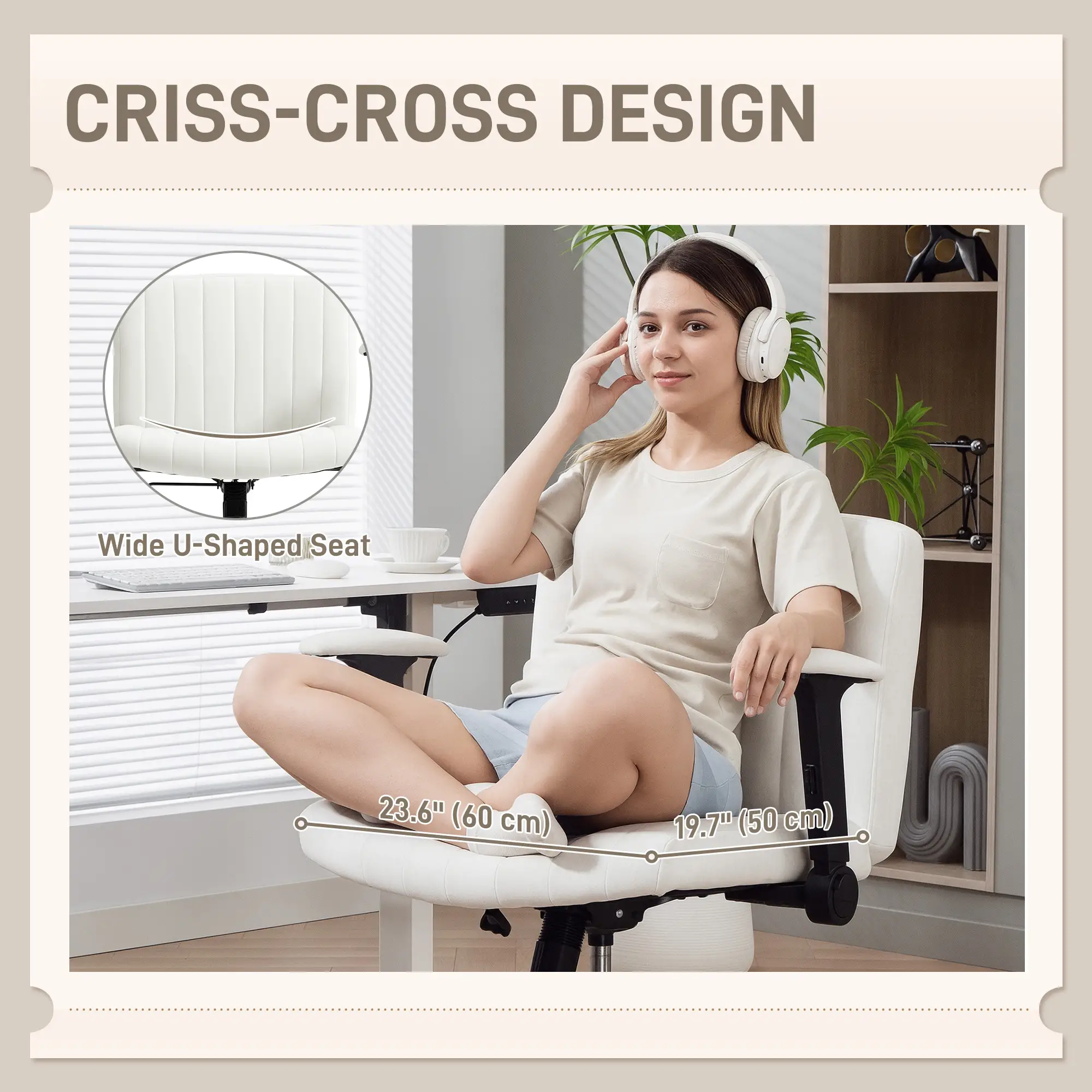 Criss Cross Chair with Flip-up Armrests, Wheels, Adjustable Height, Tilting, Cream White - Image 4