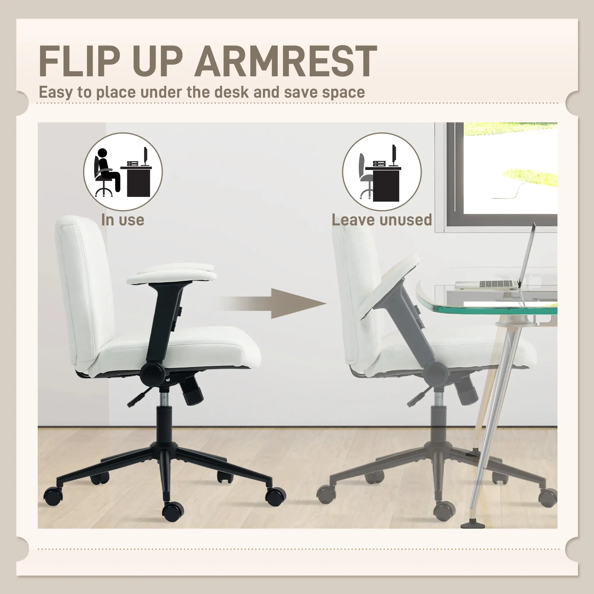 Criss Cross Chair with Flip-up Armrests, Wheels, Adjustable Height, Tilting, Cream White - Image 5
