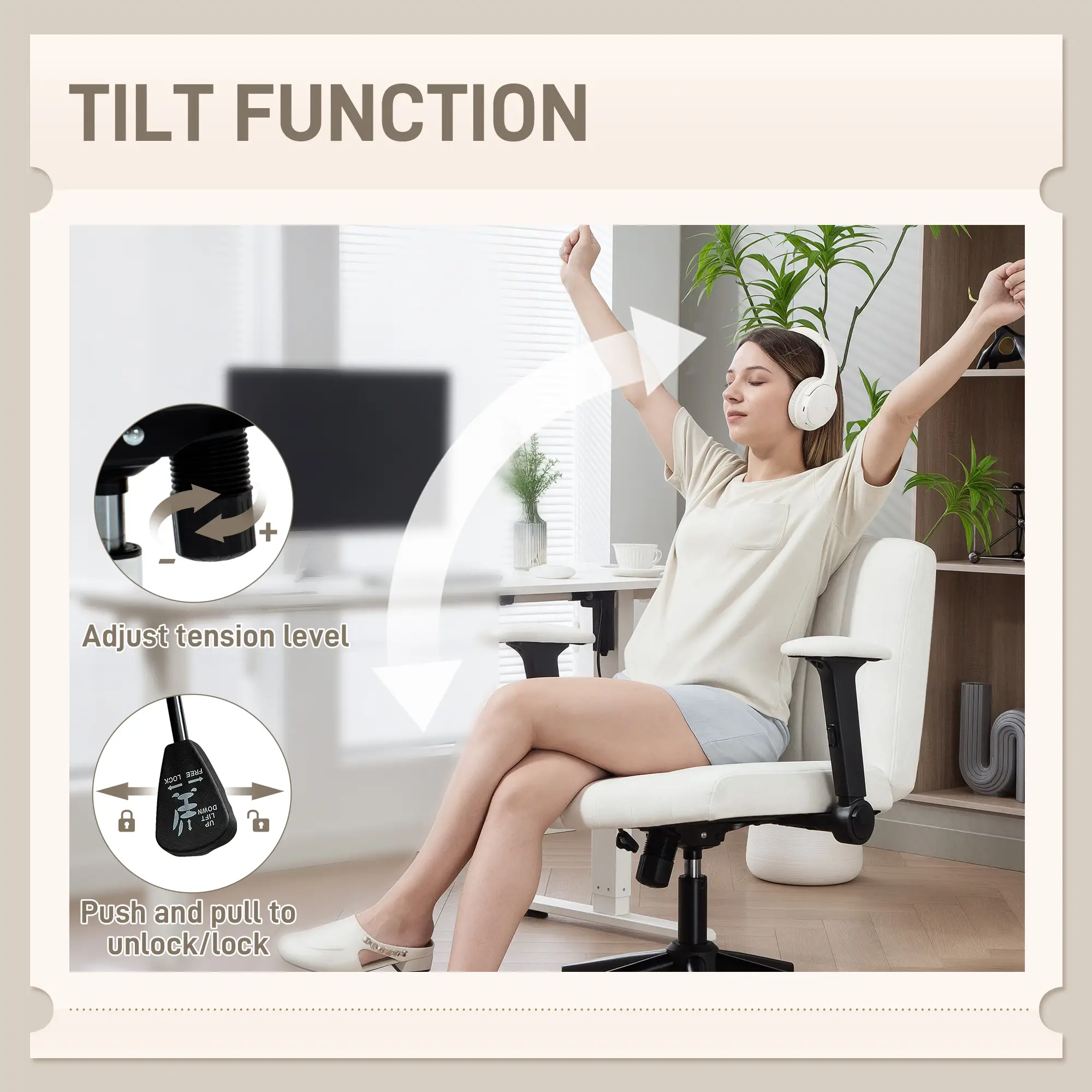 Criss Cross Chair with Flip-up Armrests, Wheels, Adjustable Height, Tilting, Cream White - Image 6