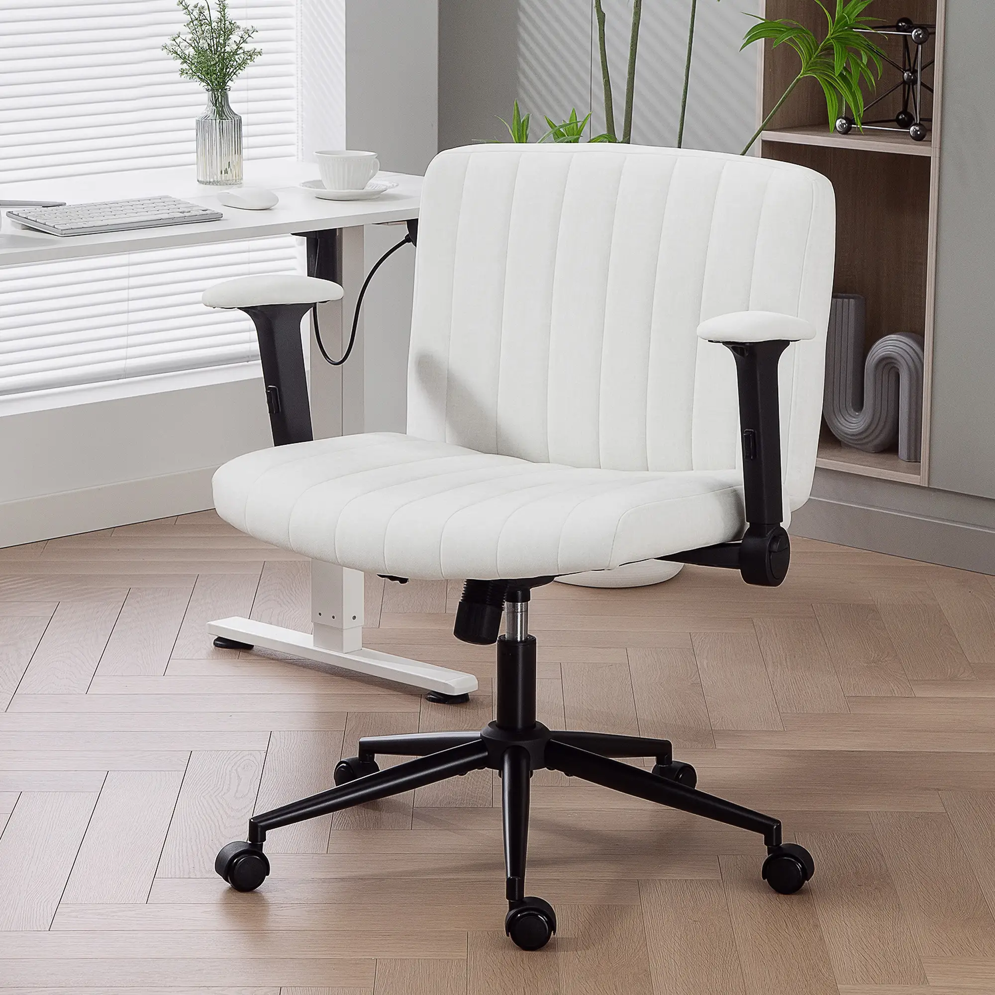 Criss Cross Chair with Flip-up Armrests, Wheels, Adjustable Height, Tilting, Cream White - Image 8