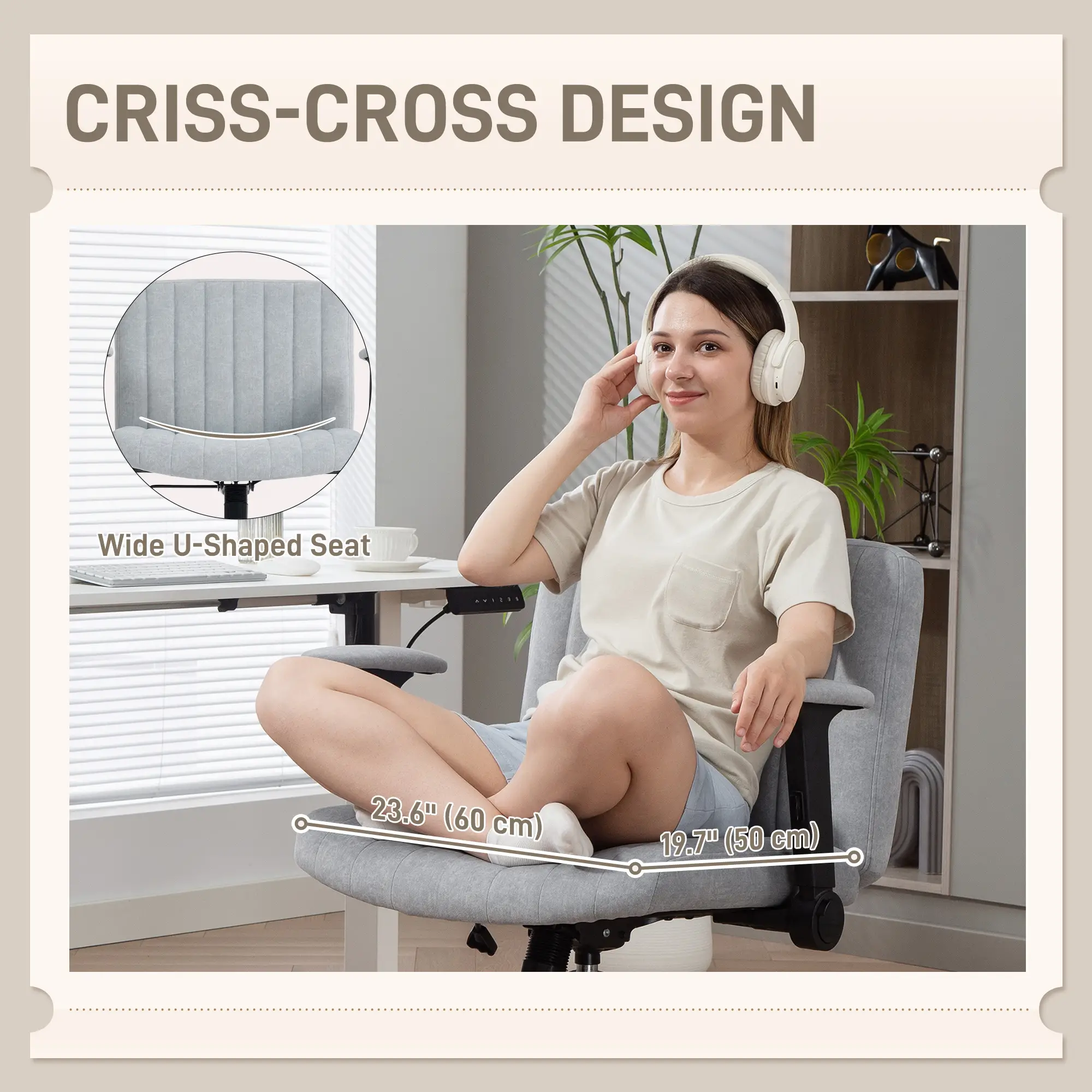 Criss Cross Chair with Flip-Up Armrests, Wheels, Adjustable Height, Tilting, Grey - Image 4