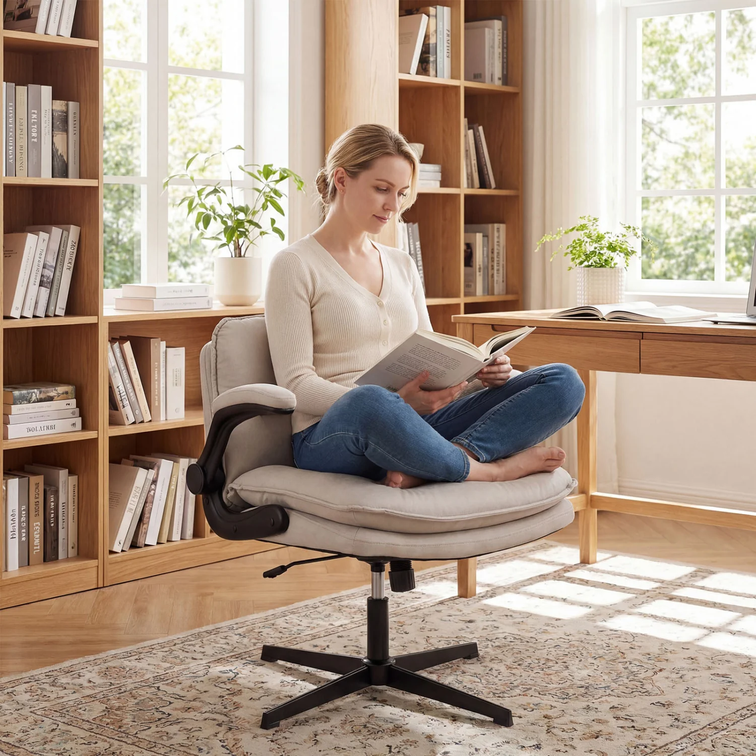 Criss Cross Chair With Flip-Up Arms Ergonomic Office Desk Chair, Beige - Image 2