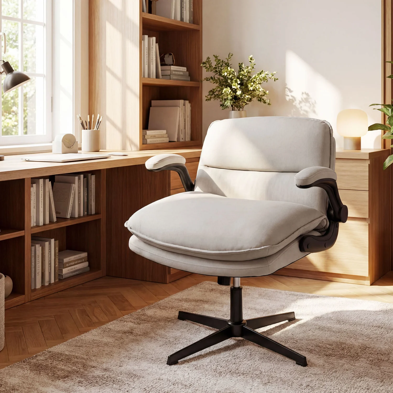 Criss Cross Chair With Flip-Up Arms Ergonomic Office Desk Chair, Beige - Image 3